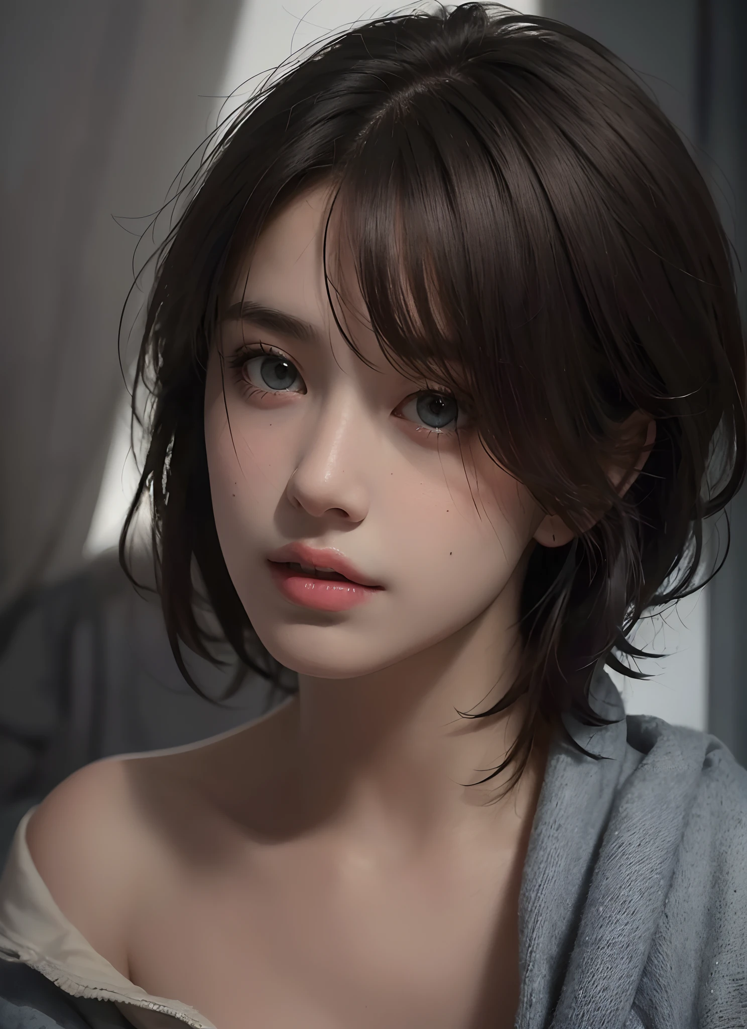 Best quality, masterpiece, ultra high res, (photorealistic:1.5), raw photo, 1girl, offshoulder, in the dark, deep shadow, low key, cold light, sexy look, short hair
