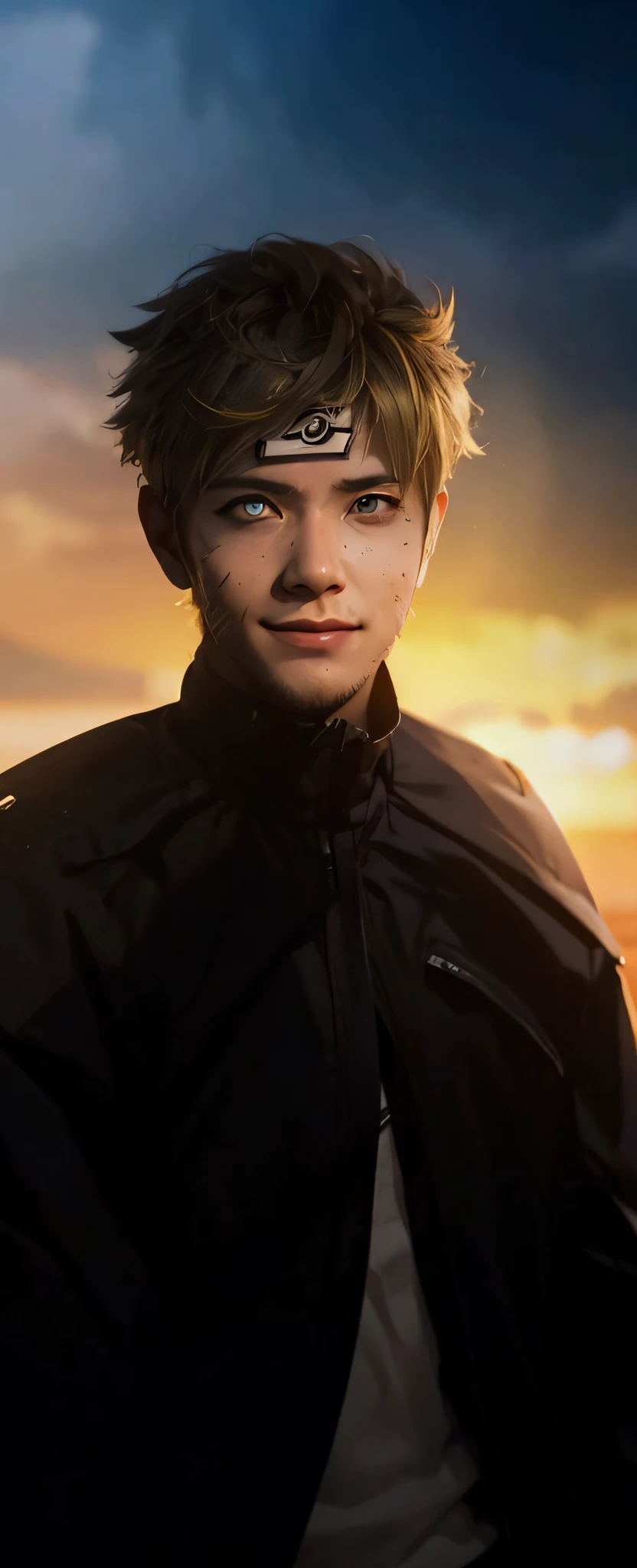 1male, boruto mode momosihiki in anime boruto, short hair , yellow hair, white eyes, handsome, smile, black clothes, realistic clothes, detail clothes, beach city background, ultra detail, realistic