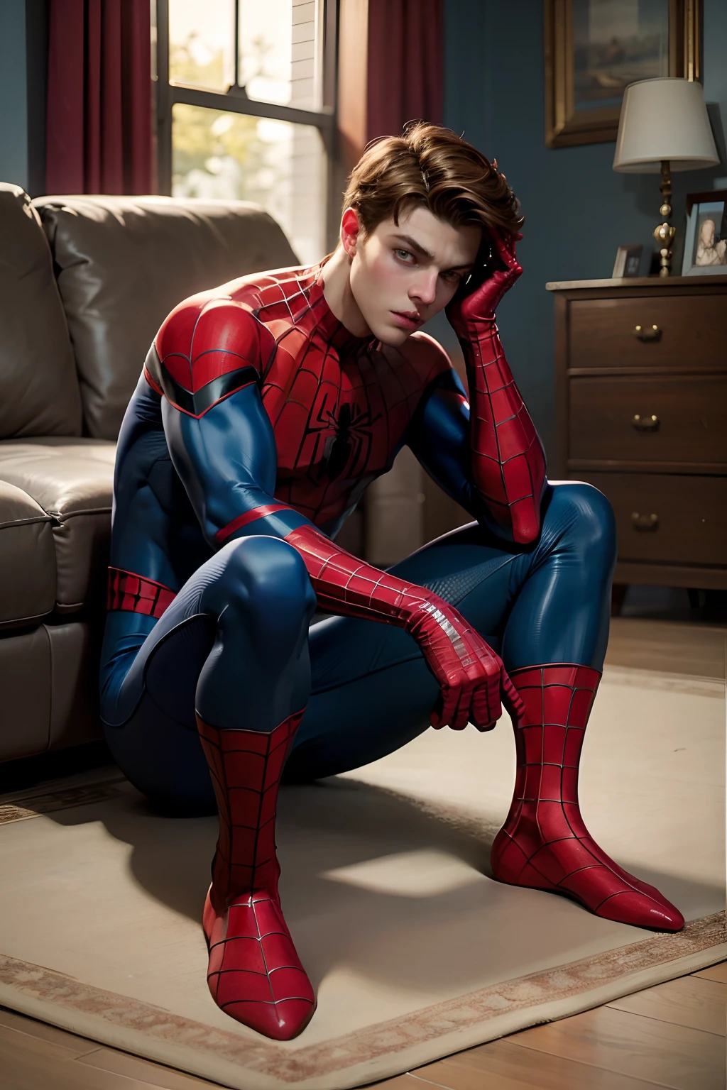 masterpiece, best quality, fullbody, spider-man costume, nomask, peter parker, 1boy, ************, cute, handsome, brown hair, brown eyes, thinking, (one hand scratching head), (look at viewer), sitting on the floor, living room background