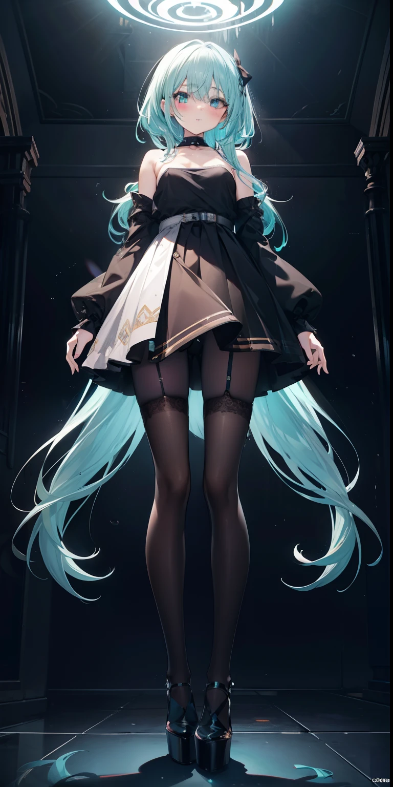 (quality:0) 8k, 8K Wallpaper, (an extremely delicate and beautiful:1.1), (beautiful detailed eyes:1.3), (best illustration:1.1), (best quality:1.3), (Best shadow:1.1) , (cinemographic lighting:1.2), Detailed eyes, (detailed_Light:1.1), (dreamy:1.1), (extremely detailed CG unit 8k wallpaper:1.1), Tall, (masterpiece:1.3), official_art, tracings rays, (Stylized:1.3), trend on ArtStemion, (Ultra_circumstance:1.2) (Style & composition:0) 1girl, (From_below, full_body:1.4), alone (Posing & expression:0) blush, Head_tilt, leg_apart, lips dealhados_aparte, Looking_at_viewer, stand, dull (character:0) Aqua_eye, Aqua_hair, Aqua_Double Tails, Argyle_tights, black_tights, only_Shoulders, black_shirt, black_sirt, breasts_apart, crop_Home, Cropped_shirt, collarbone, Hemsune_friend, High_heels, high waist_skirt, detailed lips, Long_Sleeves, makeup, (Messy_hair:1.2), Checkered_skirt, shiny_hair, shrug_\(Clothing\), (small_breasts:1.3), very_Long_hair (Backstory:0) (TEXTUAL INVERSION:0)