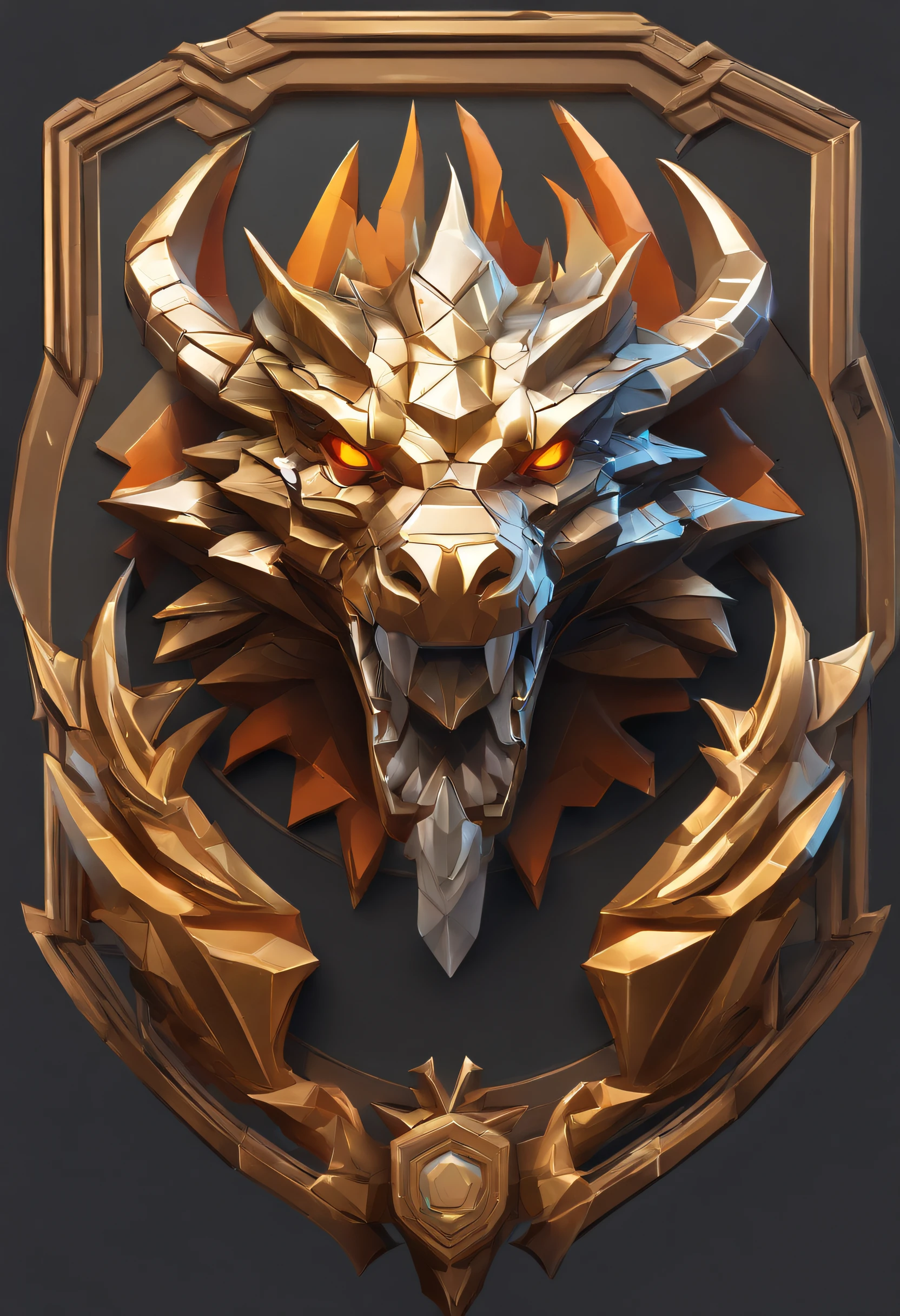 Game medallion with metal faucet closeup with crown,Close-up of dragon head,hearthstone art style, Hearthstone style art, hearthstone concept art, Riot game concept art, style of league of legends, iconic character splash art, League of Legends crown,Game badge,Surrounding metal feathers,Orange gold,c4d渲染,Less detail,less detailing,Huge metal faucet in the middle