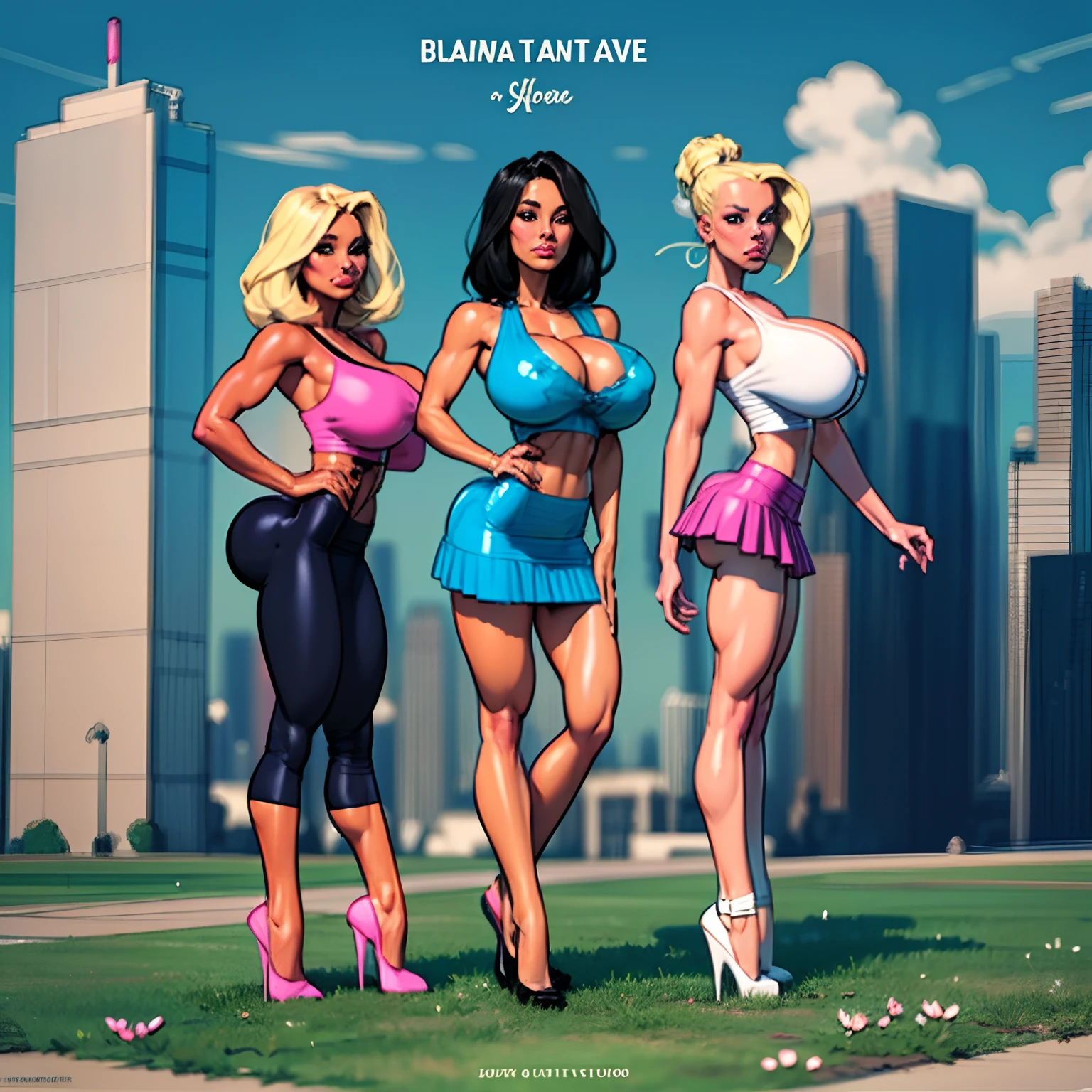 Create a detailed 4K scene of The Powerpuff Girls, ((Blossom, redhead, pink skirt)), ((Bubbles, blonde hair, blue skirt)) and ((Buttercup, black hair, green skirt)), in their classic formation. They are standing in an urban environment in the heart of Townsville, surrounded by colorful skyscrapers and a radiant blue sky. The Powerpuff Girls should be in confident and determined poses, highlighting their individual personalities. Blossom, the leader of the group, should be in the front, hands on her hips, with a serious expression and her eyes shining with intelligence. Bubbles, next to Blossom, should have a sweet smile and an optimistic posture, The backdrop around them should be bustling with life, with Townsville citizens looking on in admiration, and elements such as trees swaying in the wind and scattered clouds in the sky. (pale skin:1.2), (white skin:1.5), ((front view:1.3)), pale face, (puffy lips:1.4), (gigantic breasts:1.4), ((gigantic breasts:1.3)), design sheet, masterpiece, (slendered abs:1.2) ,detailed , shiny skin, beautiful lighting from the side, harsh light,epic pose, dynamic movie poster, masterpiece, high definition, Extreme Detailed Portrait With Bokeh Effect , Realistic Lighting The scene should radiate the sense of courage and heroism that The Powerpuff Girls embody, with vibrant colors and stunning sharpness in every detail.