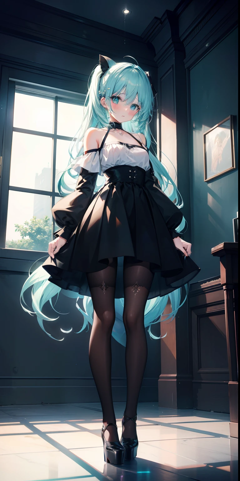 (quality:0) 8k, 8K Wallpaper, (an extremely delicate and beautiful:1.1), (beautiful detailed eyes:1.3), (best illustration:1.1), (best quality:1.3), (Best shadow:1.1) , (cinemographic lighting:1.2), Detailed eyes, (detailed_Light:1.1), (dreamy:1.1), (extremely detailed CG unit 8k wallpaper:1.1), Tall, (masterpiece:1.3), official_art, tracings rays, (Stylized:1.3), trend on ArtStemion, (Ultra_circumstance:1.2) (Style & composition:0) 1girl, (From_below, full_body:1.4), alone (Posing & expression:0) blush, Head_tilt, leg_apart, lips dealhados_aparte, Looking_at_viewer, stand, dull (character:0) Aqua_eye, Aqua_hair, Aqua_Double Tails, Argyle_tights, black_tights, only_Shoulders, black_shirt, black_sirt, breasts_apart, crop_Home, Cropped_shirt, collarbone, Hemsune_friend, High_heels, high waist_skirt, detailed lips, Long_Sleeves, makeup, (Messy_hair:1.2), Checkered_skirt, shiny_hair, shrug_\(Clothing\), (small_breasts:1.3), very_Long_hair (Backstory:0) (TEXTUAL INVERSION:0)