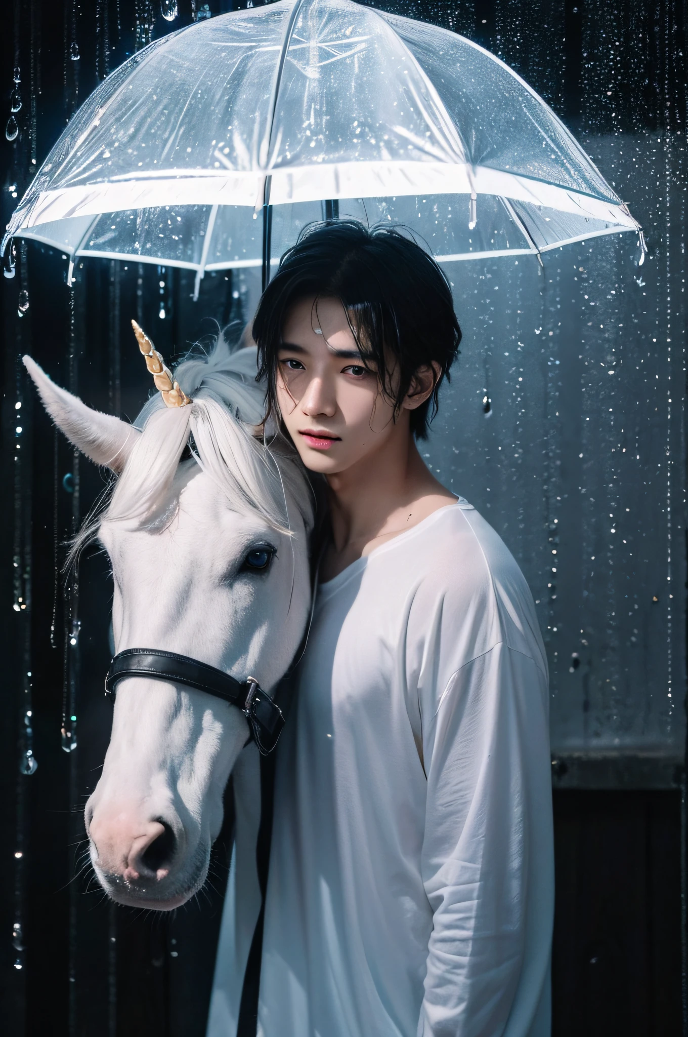 in the quiet of the night，The boy stood in the heavy rain，Tears melted in the raindrops。sudden，A black and white unicorn flashes through a rainstorm，Staring at the boy，And a pair of mysterious eyes, He expressed his protection and support。