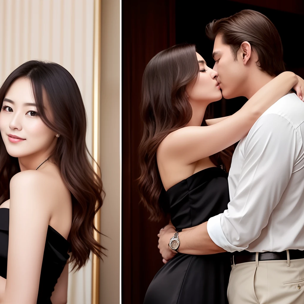 top-quality、超A high resolution、A hyper-realistic、reallistic、Raw photography、8k picture、Young sexy Donald trump、Wearing off-the-shoulder black tight dress、strap slip。Brown Long Hair、Young handsome Joe Biden is caressing woman kissing the nape of the neck from behind、The man's hand is attached to the woman's flank、Sensual 2、hotels room