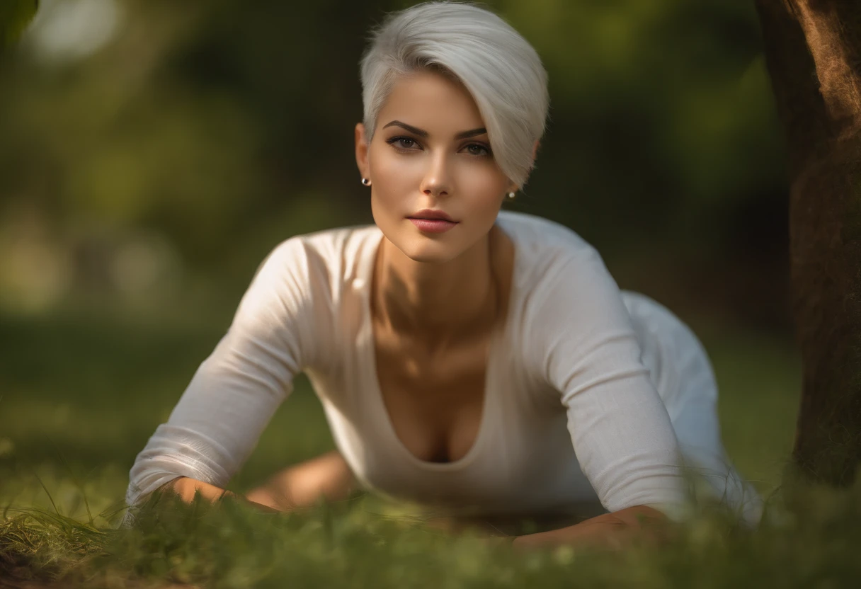 Full body photo of petite 18-year-old Brazilian girl in white panties and tank top, People who have short gray hair and long, thin legs, Those who are lying down and spreading their panties to the vaginal side, (soio), (qulity:1.4), (Photorealista:1.2), (resolution:1.4), (Sharpness:1.6), (Cinematic lighting) depth of fields