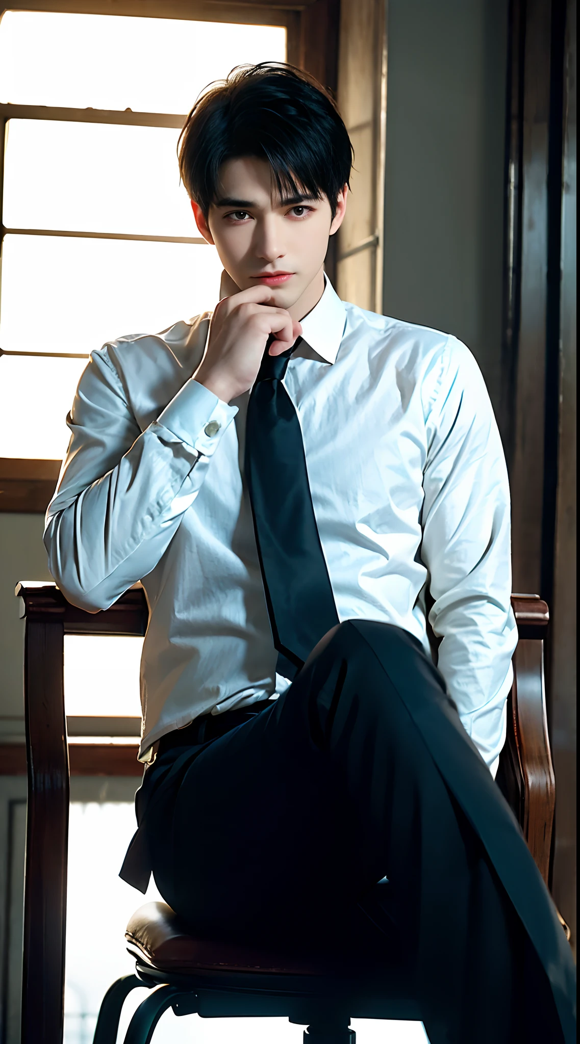 Masterpiece, Excellent, (Office: 1.5), CG drawing with super high detail, handsome, cold face, expressionless,, (a man with short black hair, white shirt, black tie, black pants, leather shoes, a little scum: 1.8),, Inside the president's office, luxurious, sitting on a chair, facing the audience, illustrations