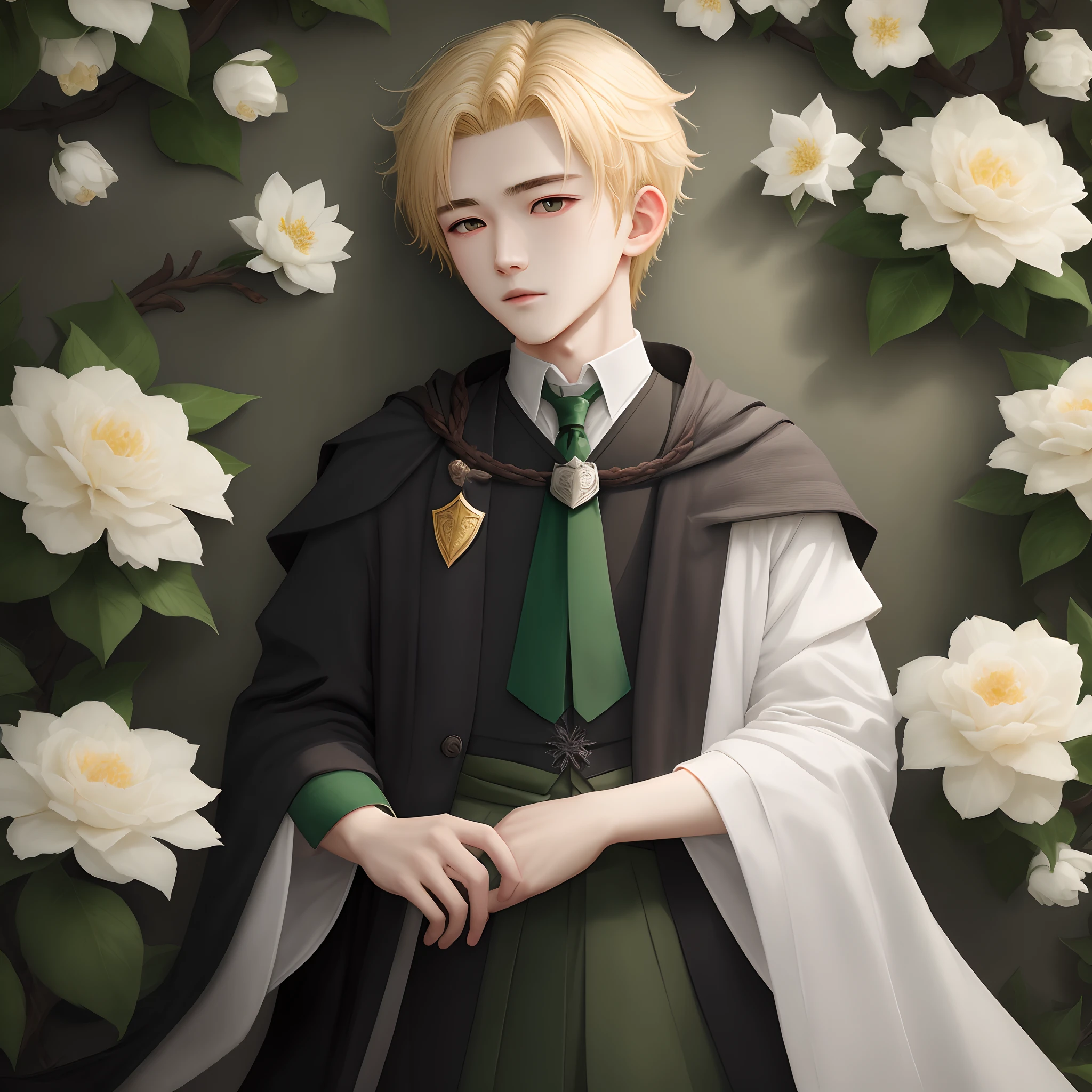 golden hair,Gray eye,Libido boy,Dark green plants and white flowers in the center,校服,Slytherin,Draco,Ultra detailed