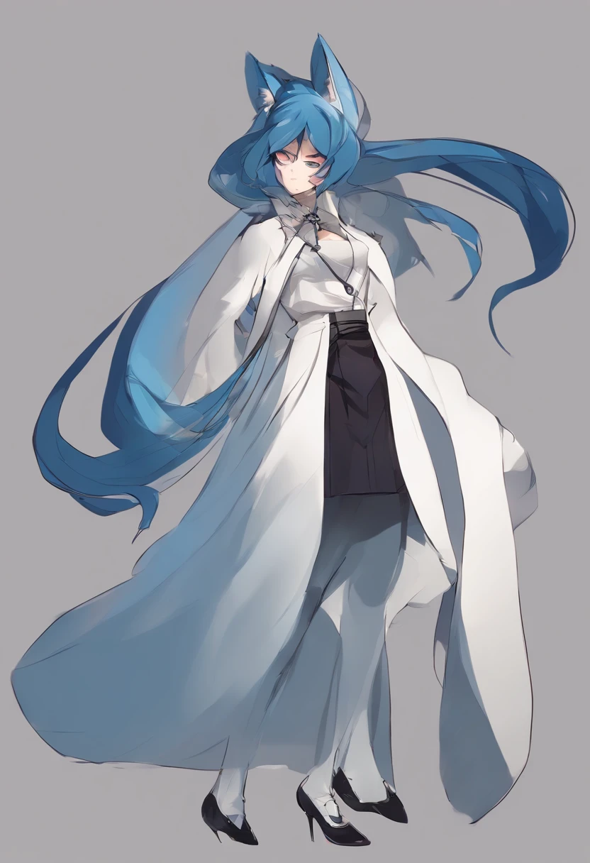 garota metade humana e metade loba,short pointy blue hair appearance, seios grandes e cintura finas coxas grandes e gordinhas, olhos azuis, uma bunda enorme, I have blue wolf ears on my head and a blue tail with a white tip, tenho 1.80 de altura ,I'm wearing a white long-sleeved blouse and a dark blue skirt and tight black tights and white shoes,hands on her waist,olhando pro expectador,arrogant expression,Green Forest Scenario