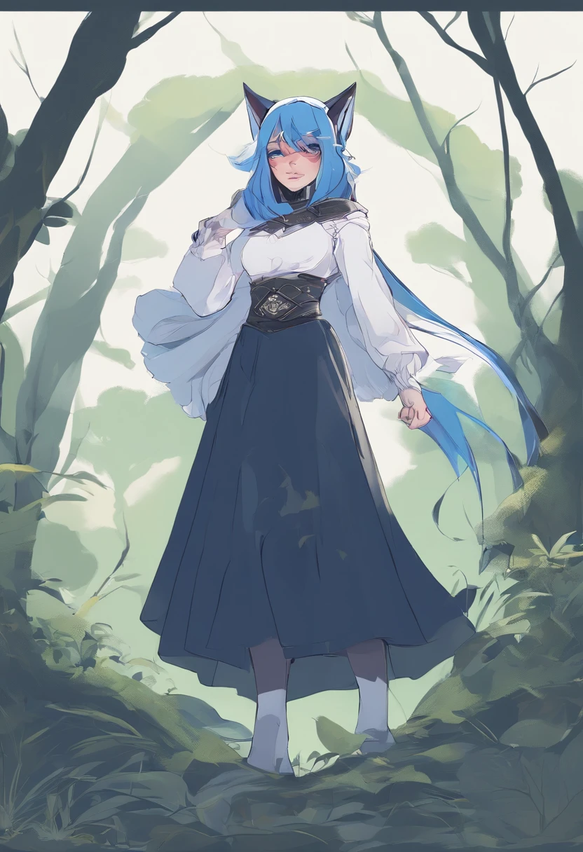garota metade humana e metade loba,short pointy blue hair appearance, seios grandes e cintura finas coxas grandes e gordinhas, olhos azuis, uma bunda enorme, I have blue wolf ears on my head and a blue tail with a white tip, tenho 1.80 de altura ,I'm wearing a white long-sleeved blouse and a dark blue skirt and tight black tights and white shoes,hands on her waist,olhando pro expectador,arrogant expression,Green Forest Scenario