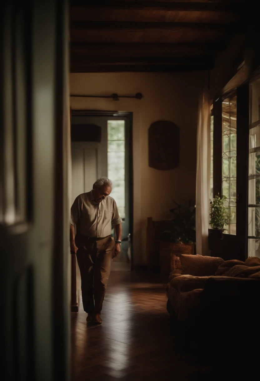 Retrato de um pai chegando em casa chovendo