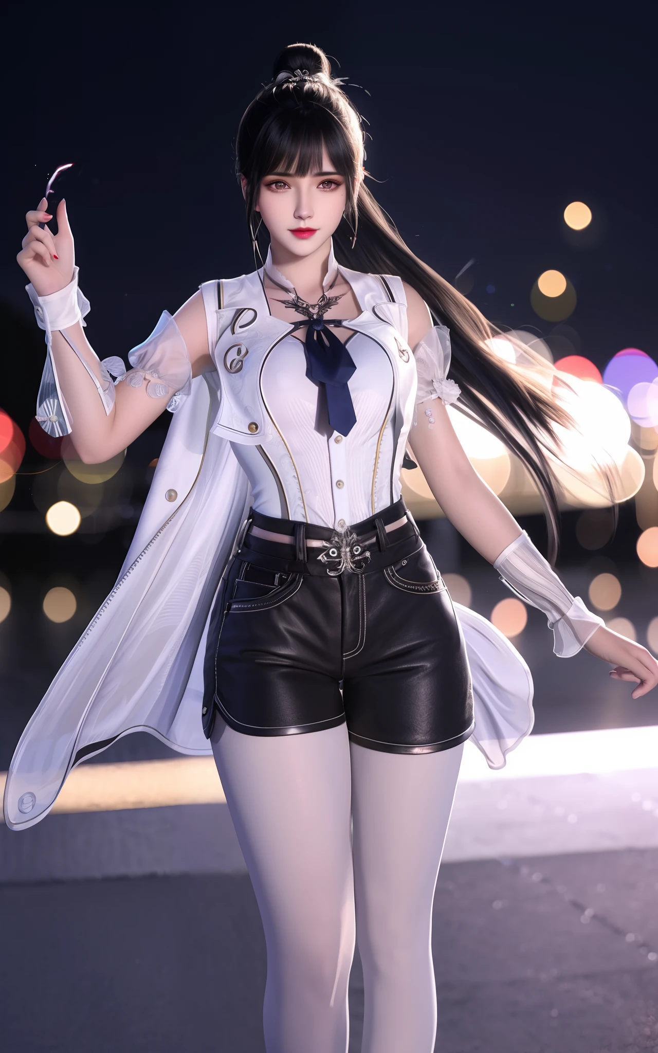 Best quality，tmasterpiece，A high resolution，CG，
1girll，long whitr hair，Eau，Gilet blanc，Extra short hot pants，blackstockings，ssee-through，耳Nipple Ring，hair adornments，spatter，hair-bun，brunette color hair，
illuminating，Frankness，photore，A high resolution，4K，8K，Bokeh，