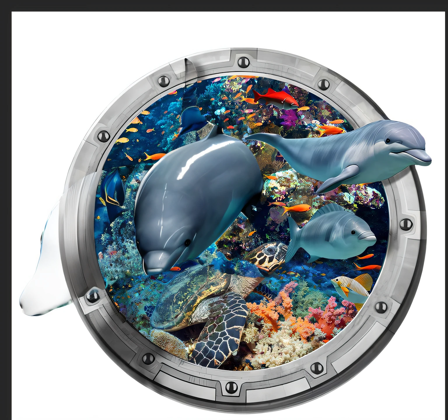 Swimming towards us, There is a feeling of rushing out of the screen ,One face to the left ,One face to the right。 Dolphin skin is shiny and textured, and the skin lines are clear, The dolphin color is grayish-blue, Background on white background。