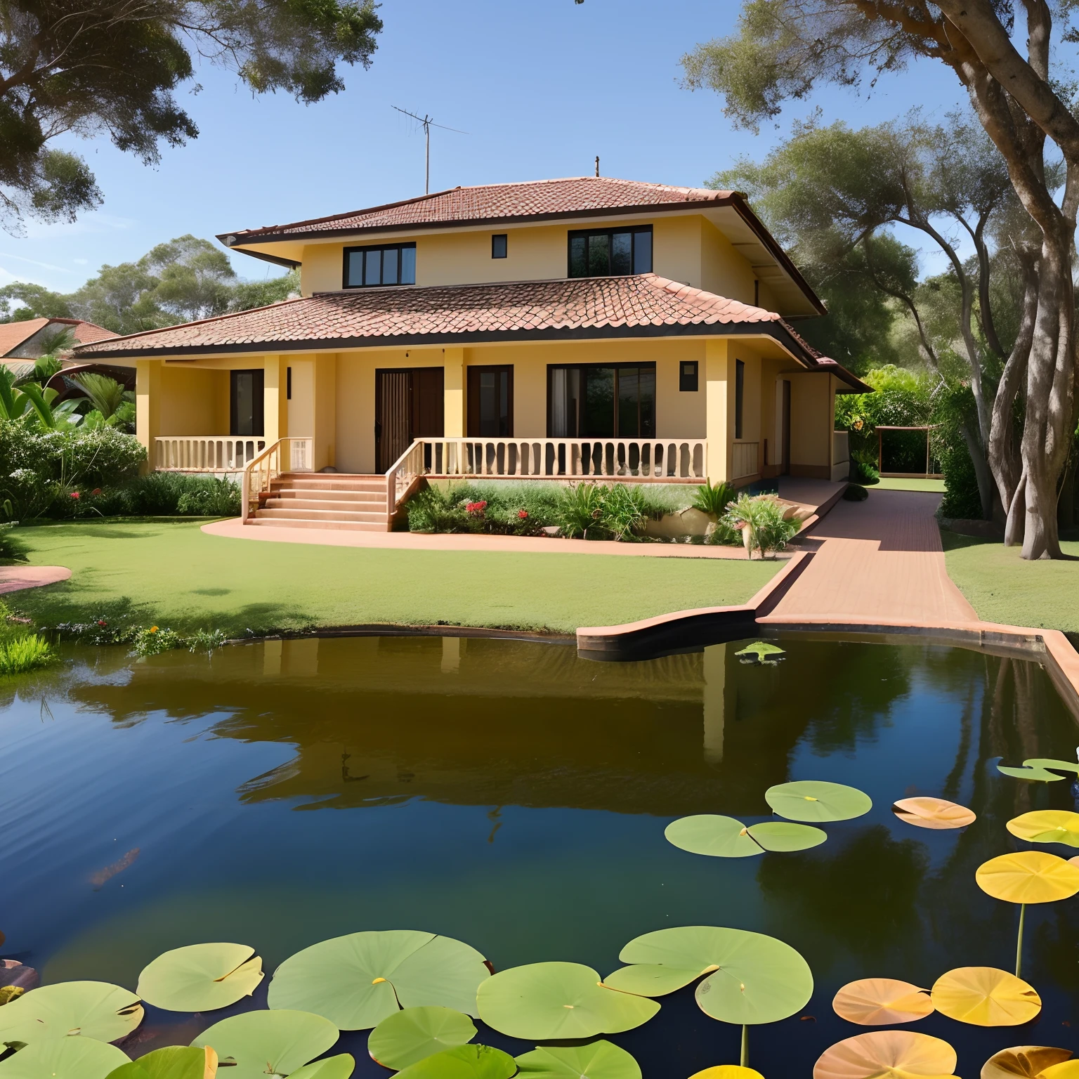 Uma casa grande e moderna, Next to a pond with lots of aquatic plants, e uma floresta tropical densa