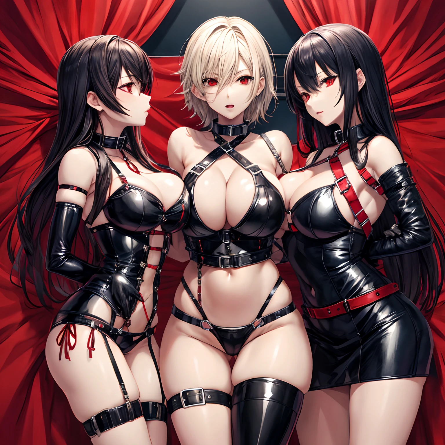 Anime, 3girls, lesbian, kiss, embrace, huge breasts, undressed, bare breasts, naked, leather collar, red eyes, slave, leash, harness, bondage, mistress, dominatrix