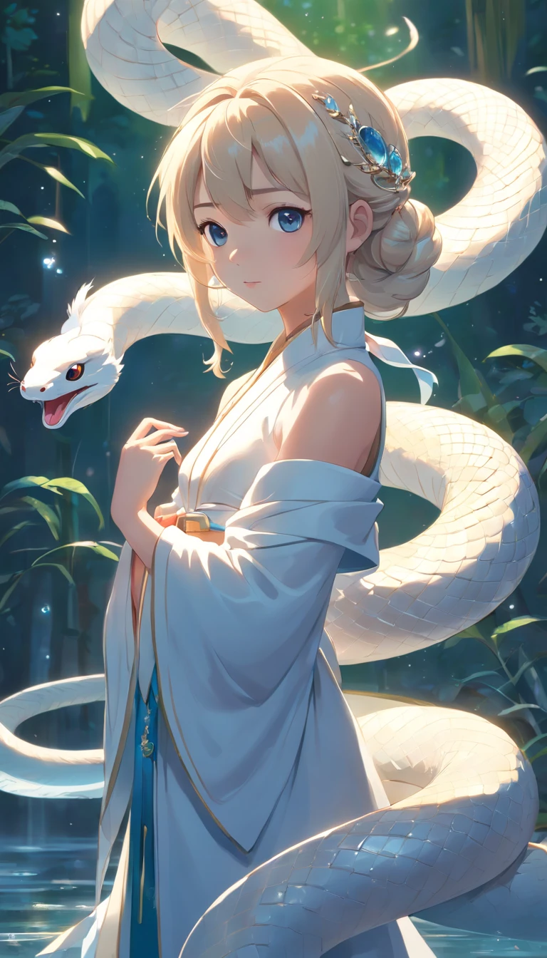 Super cute anthropomorphic white snake in Pixar style, Wearing Hanfu and Crystal Crown, Standing, charming big eyes, nice tail, Standing, Surreal, Super fine, Luxurious, elegant standing, charming big eyes, nice tail, Standing, Surreal, super detailed, Luxurious, Elegant, with an intricate, Gorgeous, illusion engine, Octane Rendering, 8K, Freissurrealism