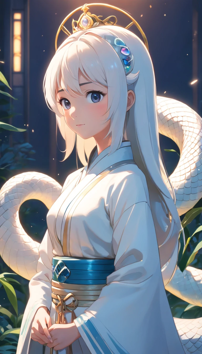Super cute anthropomorphic white snake in Pixar style， Wearing Hanfu and Crystal Crown, Standing, charming big eyes, nice tail, Standing, Surreal, Super fine, Luxurious, elegant standing, charming big eyes, nice tail, Standing, Surreal, super detailed, Luxurious, Elegant, with an intricate, Gorgeous, illusion engine, Octane Rendering, 8K, Freissurrealism