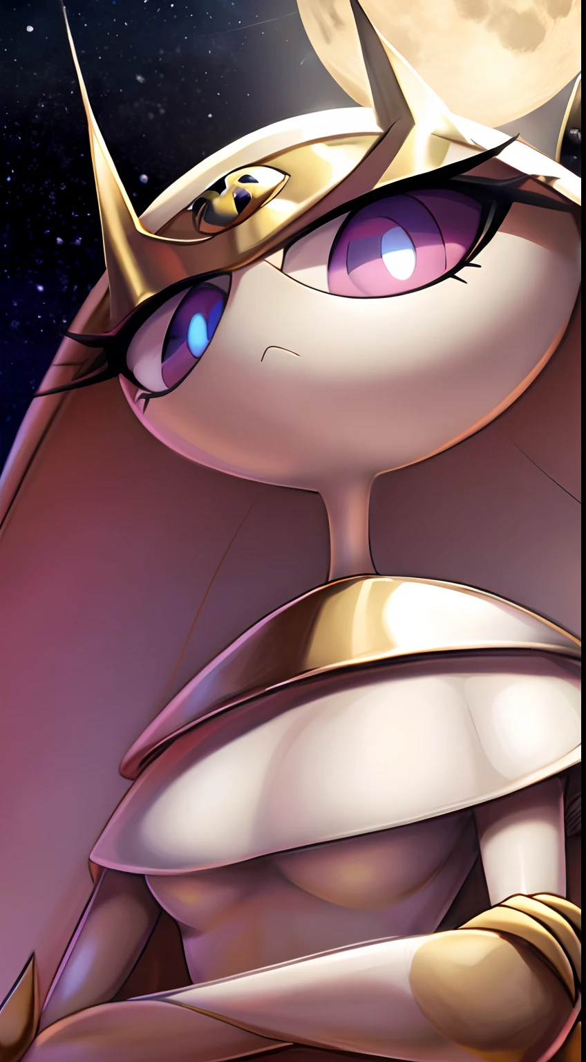 Pheromosa (Pokémon),background of a mountain with the starry sky and the new moon behind ,1woman,zone tan art style,SFW,looking at viewer,big eyes,stare,arms crossed,arms crossed, upset, angry,frontal focus,ankha dance,white dress,segmented body,