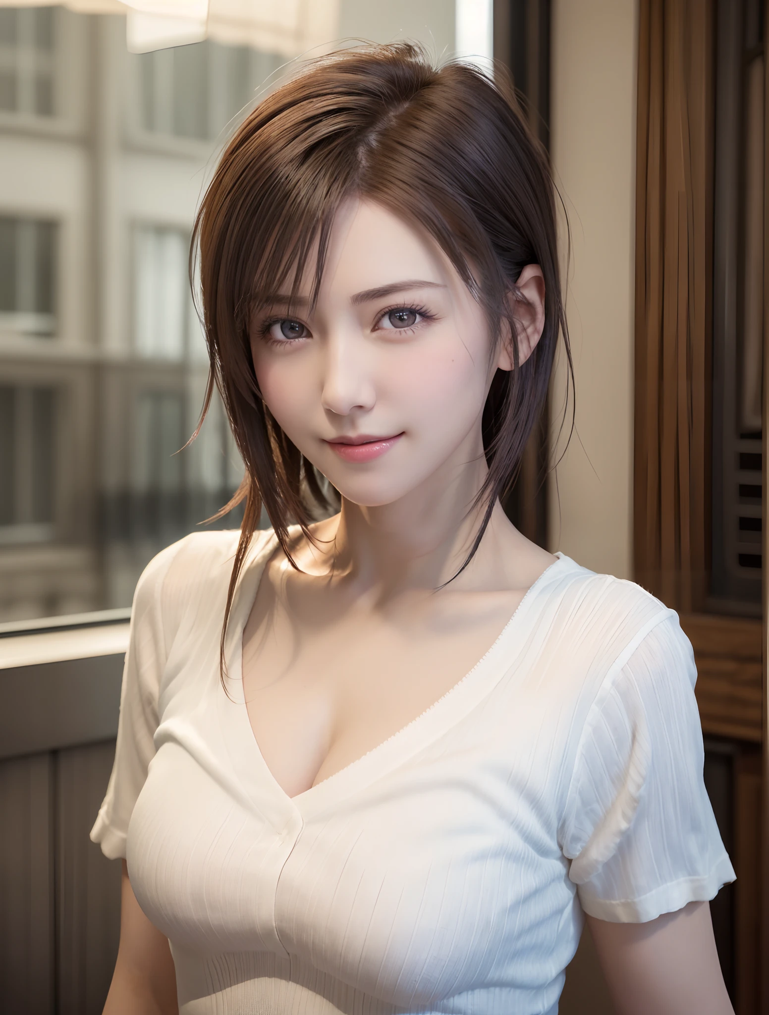 Best Quality, Ultra High Resolution, (Photorealistic: 1.4), Beautiful Eyes, Super Beautiful, Very Short Hair, Beautiful, Sweetheart, T-shirt with Rough Chest, Beautiful Soldier, Eyes That Invite Viewer, Lover's Perspective, Inviting Expression, Sexy Smile, Perfect Style, Perfect Balance, Detailed Skin, Naughty Gaze, Chest Visible