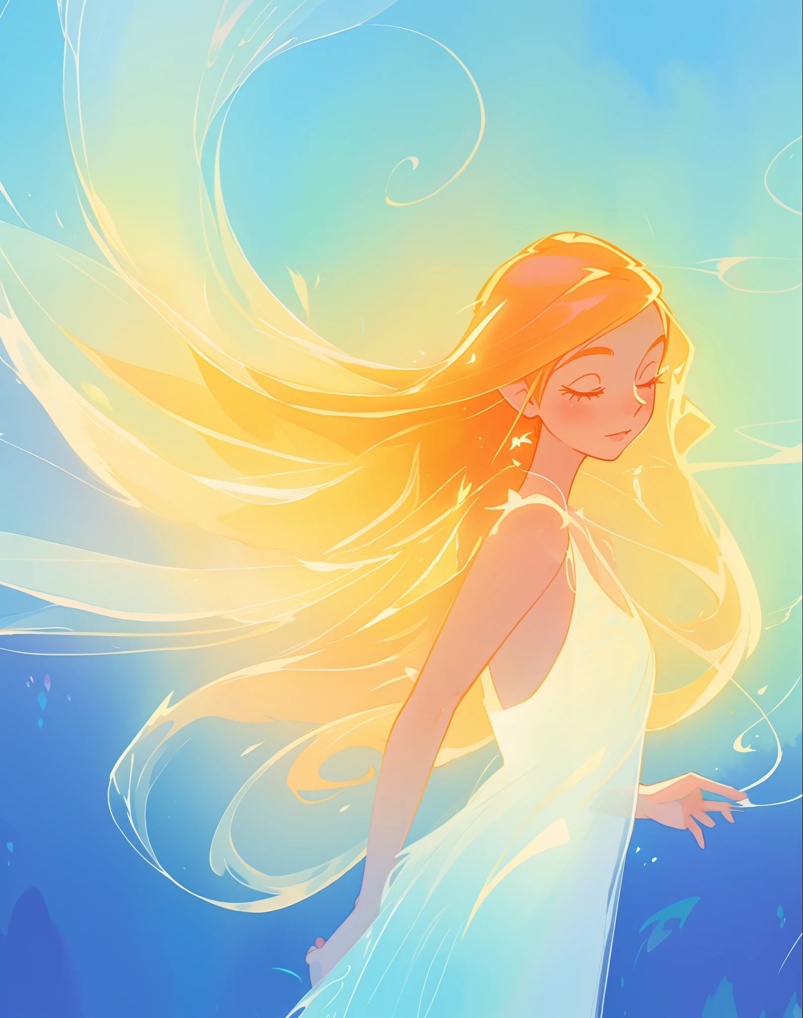 beautiful girl in flowing multi-layered dress, fairy dress, long golden hair, watercolor illustration, inspired by Glen Keane, inspired by Lois van Baarle, disney art style, by Lois van Baarle, glowing aura around her, by Glen Keane, jen bartel, glowing lights! digital painting, flowing glowing hair, glowing flowing hair, beautiful digital illustration, fantasia otherworldly landscape plants flowers, beautiful, masterpiece, best quality, anime disney style