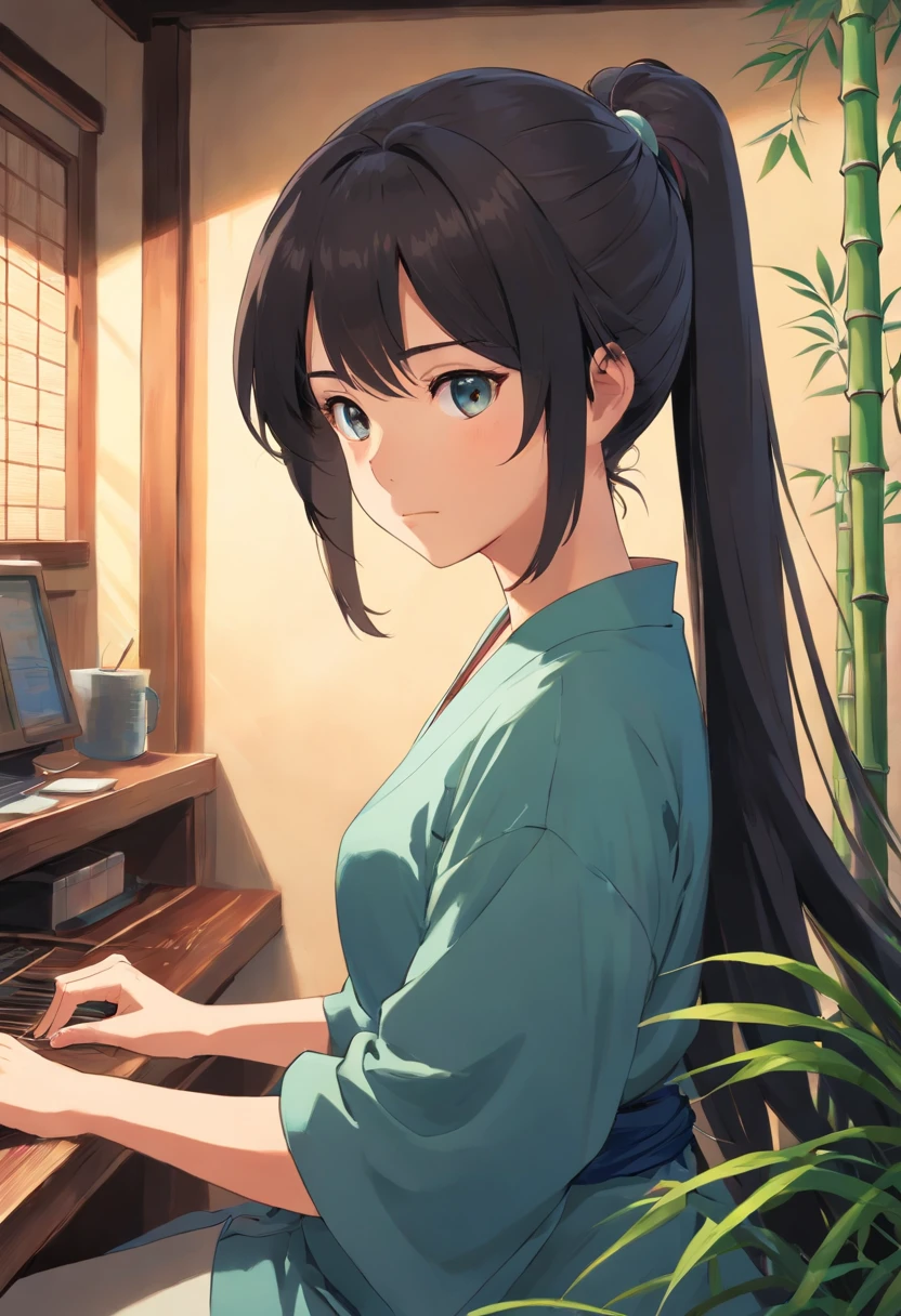 side ponytail, black hair, big hair, mole under eye, eyeball, anime style, anime, Ghibli-like colours, chiaroscuro, image image show A girl sits in a house weaving bamboo