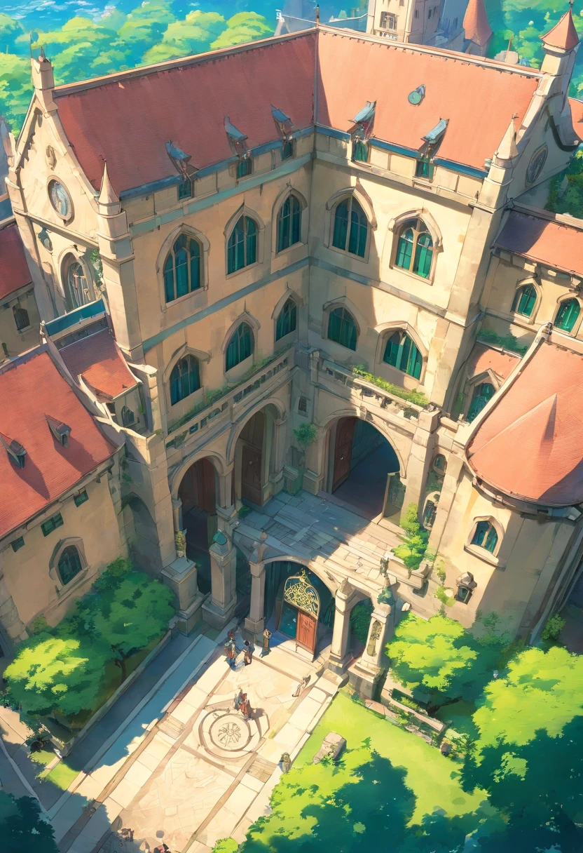 drone view of Magical academia in fantasy world, academy building, window, university, magic crystal, gate, magic, large building, background art, amazing scenery, shot from above, high angle