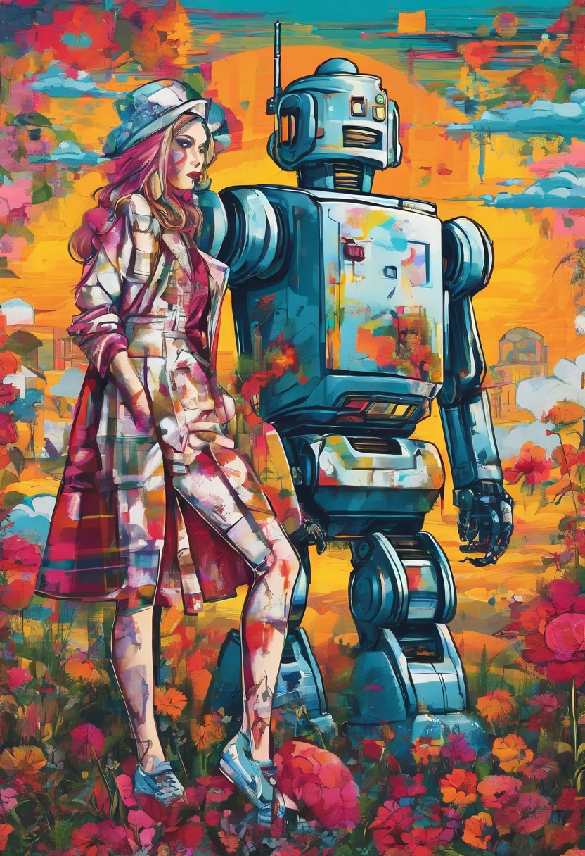 there is a woman standing next to a robot in a field, vogue italia, tartan garment, classical animation, scott robertson, two models in the frame, victorian photograph, two women, cyborg warrior