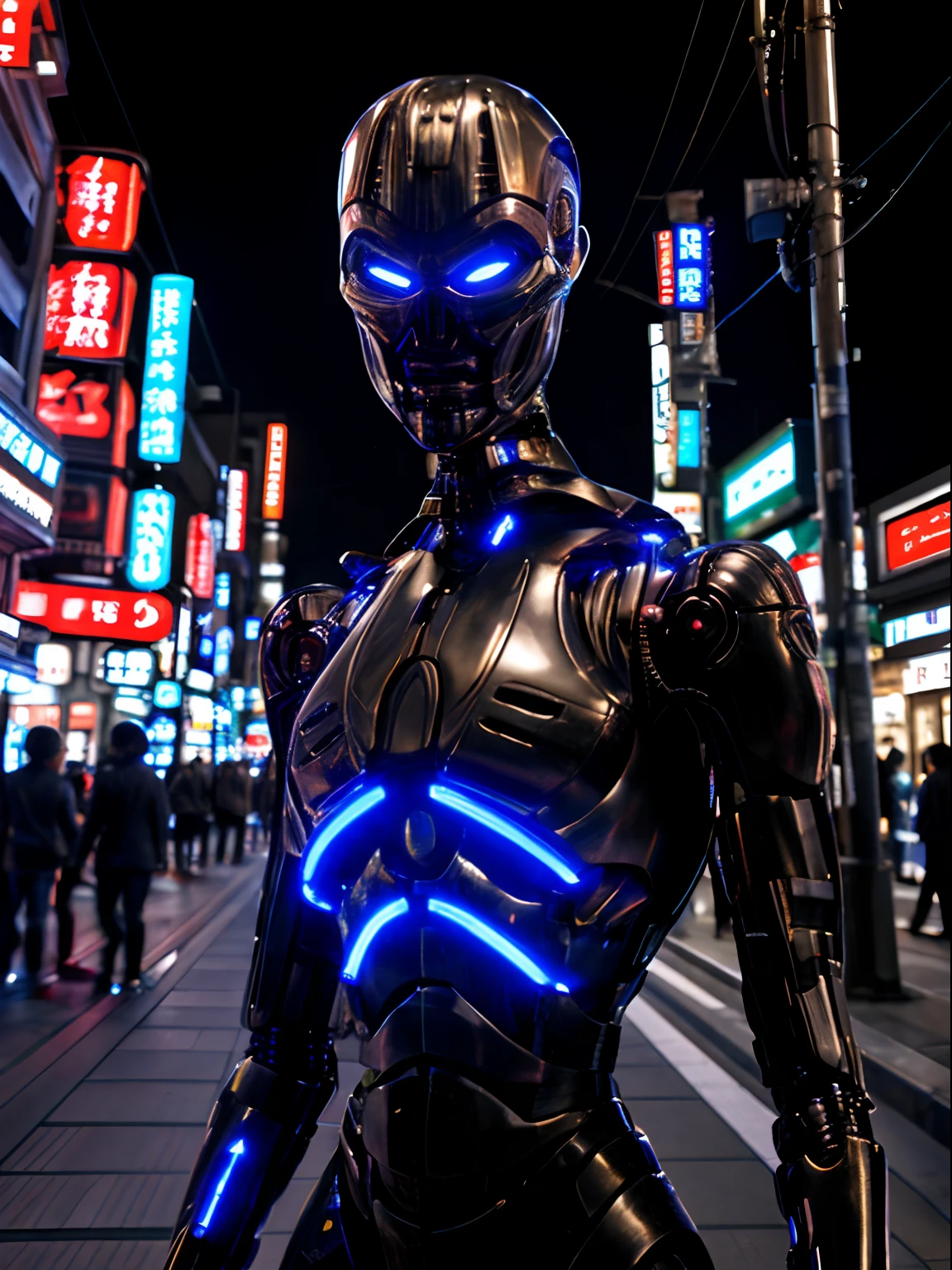 ultra realistic, very high quality, realistic lighting, night time, T-X, endoskeleton, (T-X endoskeleton:1.1, T-X in a tokyo street:1.0), detailed T-X, chromatic, ultrarealistic T-X, night time, detailed environment, (deep focus:1.0), sharp details, photorealistic subject, ultra HD, 8K