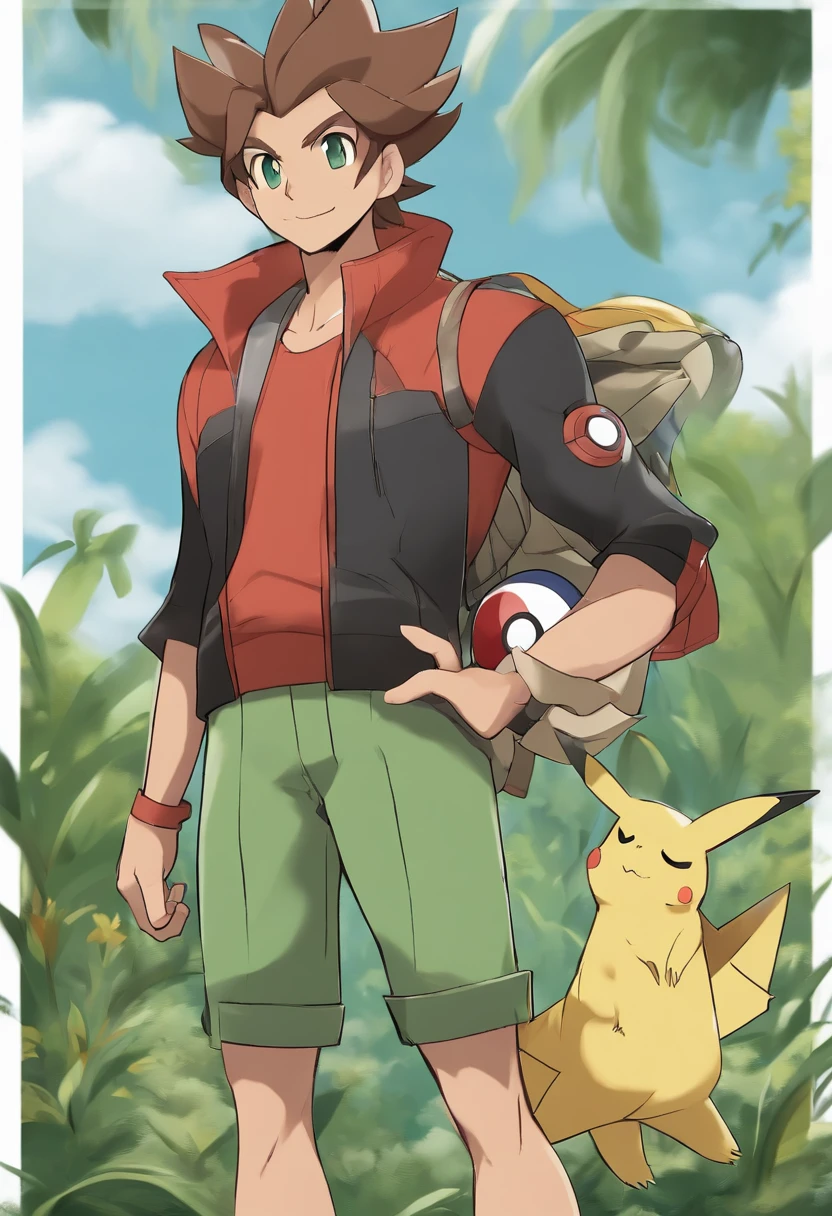 Create an anime-style illustration of a male Pokémon trainer with intricate details. The trainer should bear a striking resemblance to Champion Cynthia from the Pokémon series, with (((brown hair))), (((green eyes))), and (((light skin))). The trainer should have a big butt and wide hips. The trainer should be flat chested. The trainer should appear 19. The trainer should wear high waisted black pants, green high tops, and jacket. He should be holding a Pokéball in his hand. The artwork should be in the style of the Pokémon anime series, featuring (((high-quality))) and (((extreme detail))) to capture the essence of the Pokémon world. Ensure the trainer's appearance reflects the elegance and strength associated with Cynthia. Have the Pokémon Greninja standing next to the trainer. Incorporate textures and colors consistent with the Pokémon anime aesthetic. Three related artists for this style are Ken Sugimori, Yusuke Kozaki, and Atsuko Nishida."