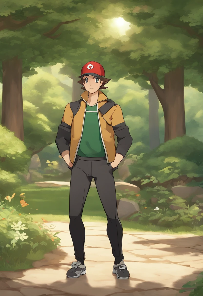 Create an anime-style illustration of a male Pokémon trainer with intricate details. The trainer should bear a striking resemblance to Champion Cynthia from the Pokémon series, with (((brown hair))), (((green eyes))), and (((light skin))). The trainer should have a big butt and wide hips. The trainer should be flat chested. The trainer should appear 19. The trainer should wear high waisted black pants, green high tops, and jacket. He should be holding a Pokéball in his hand. The artwork should be in the style of the Pokémon anime series, featuring (((high-quality))) and (((extreme detail))) to capture the essence of the Pokémon world. Ensure the trainer's appearance reflects the elegance and strength associated with Cynthia. Have the Pokémon Greninja standing next to the trainer. Incorporate textures and colors consistent with the Pokémon anime aesthetic. Three related artists for this style are Ken Sugimori, Yusuke Kozaki, and Atsuko Nishida."
