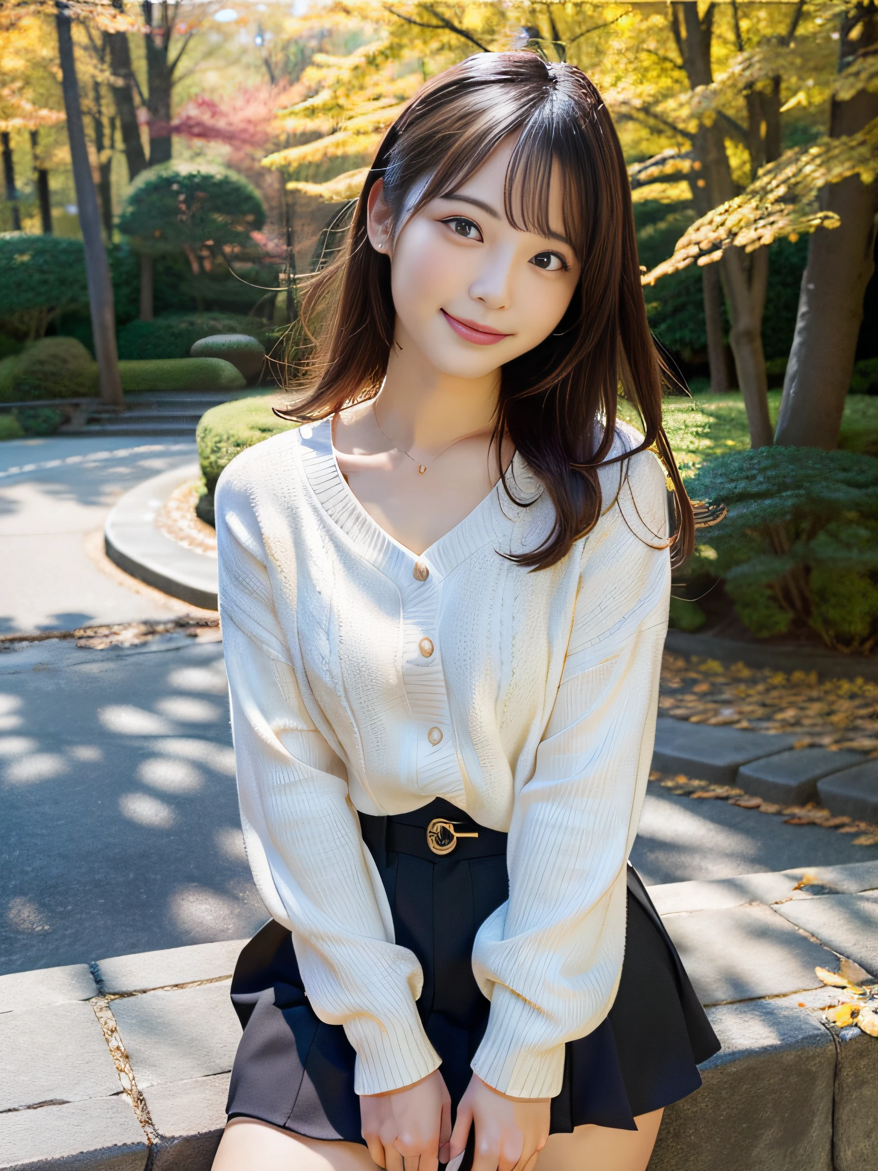 in 8K,Best Quality:1.4, 超A high resolution:1.5, (Photorealistic:1.4),​masterpiece:1.2,(top-quality:1.4)、 Raw photo、Japan girls in casual clothes、looking at the viewers、Hi-Res、The ultra-detailliert、natural skin textures:1.3, realistic eyes and face details:1.7、nogizaka, cute  face、30-years old:1.2、thighs thighs thighs thighs、Textured skin:1.2 、 (Shy smile:1.2)、Medium chest、Black eyes with beautiful details、(Casual clothing:1.2)、FULL BODYSHOT、Colored leaves、a miniskirt:1.2、beauty legs、is standing、autumnal、Park on the hill、beautful view