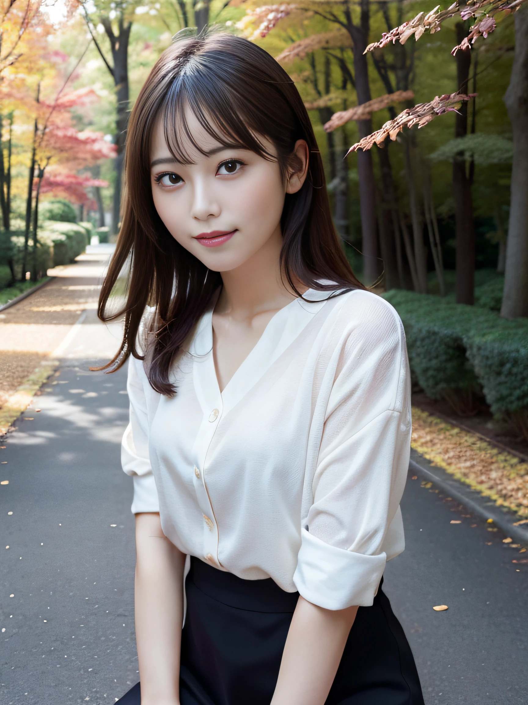 1girl,(wearing a blouse and long skirt:1.2),(RAW photo, best quality), (realistic, photo-realistic:1.4), masterpiece, an extremely delicate and beautiful, extremely detailed, 2k wallpaper, Amazing, finely detail, extremely detailed CG unity 8k wallpaper, ultra-detailed, highres, soft light, beautiful detailed girl, extremely detailed eyes and face, beautiful detailed nose, beautiful detailed eyes,cinematic lighting,autumn scenery,maple leaves,outdoor,at a park,perfect anatomy,slender body,smiling <lora:sakamakialisa_lora:0.8>