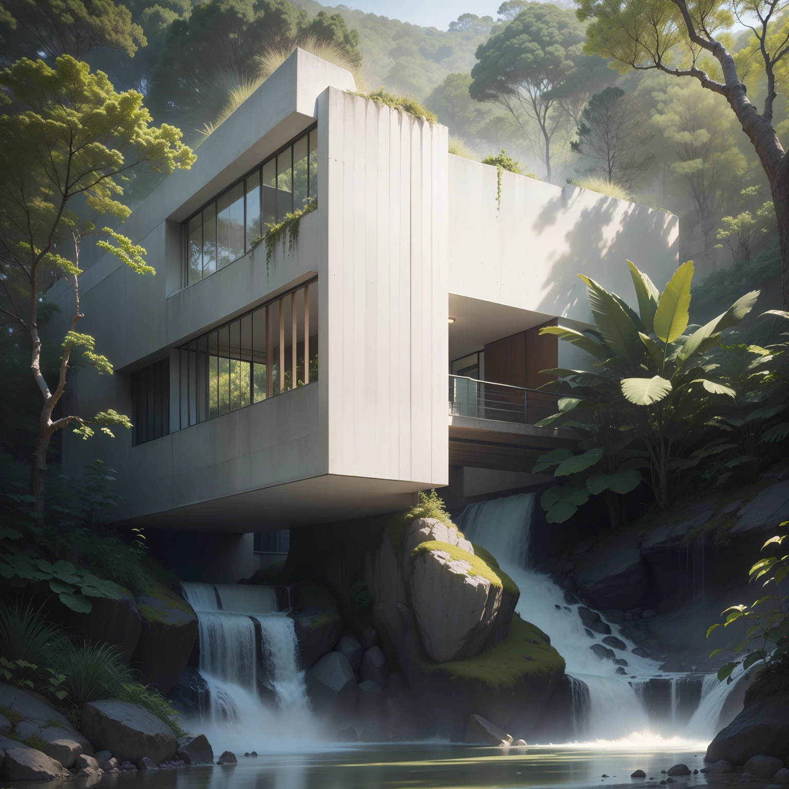 Uma cachoeira em frente a uma moderna casa de concreto branco na floresta tropical, a digital rendering by Maginel Wright Enright Barney, Pinterest, Modernismo, provia, creative commons attribution, biomorphic