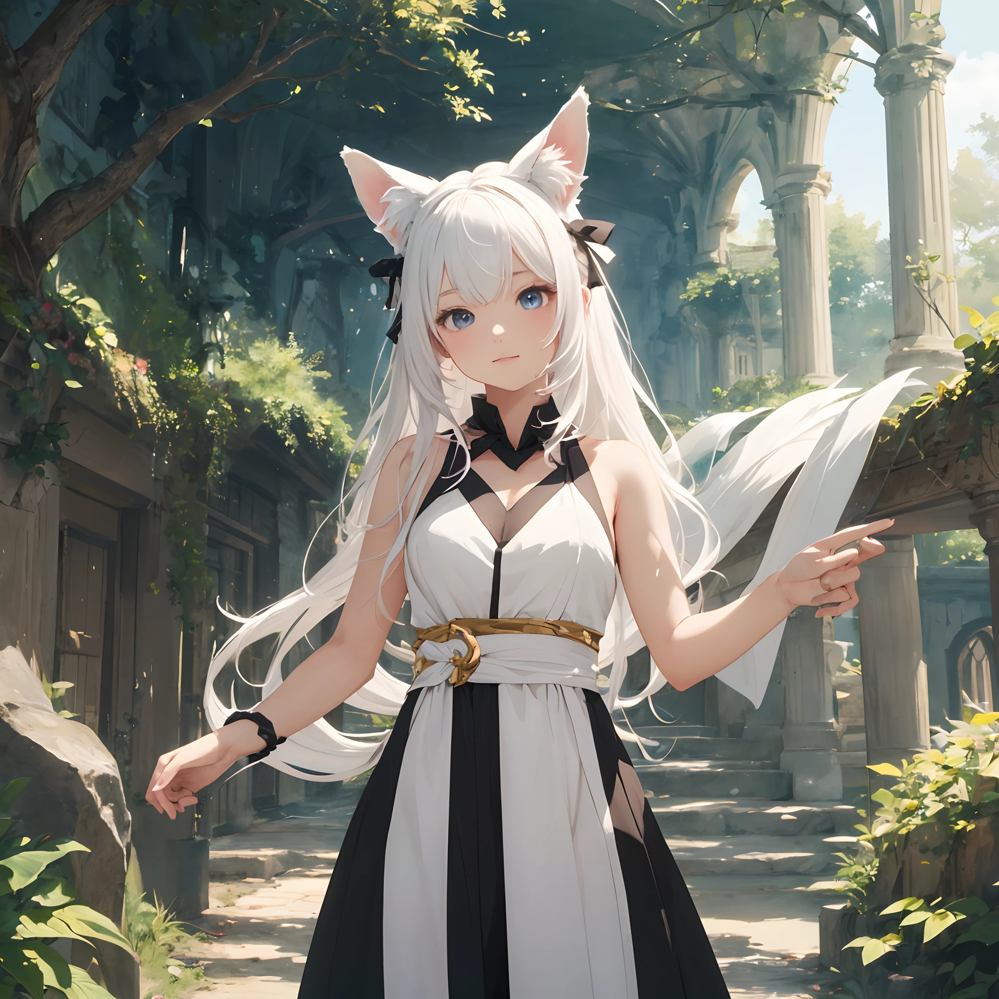 ((​masterpiece、top-quality)),  1 rapariga, 独奏,2D beautiful girl, In the style of hololive,white  hair, length hair, dog ears, Dog tail, blanche, Miko costume, Fantasy style background, looking at the viewers,facing front, ( ( Correct number of limbs))