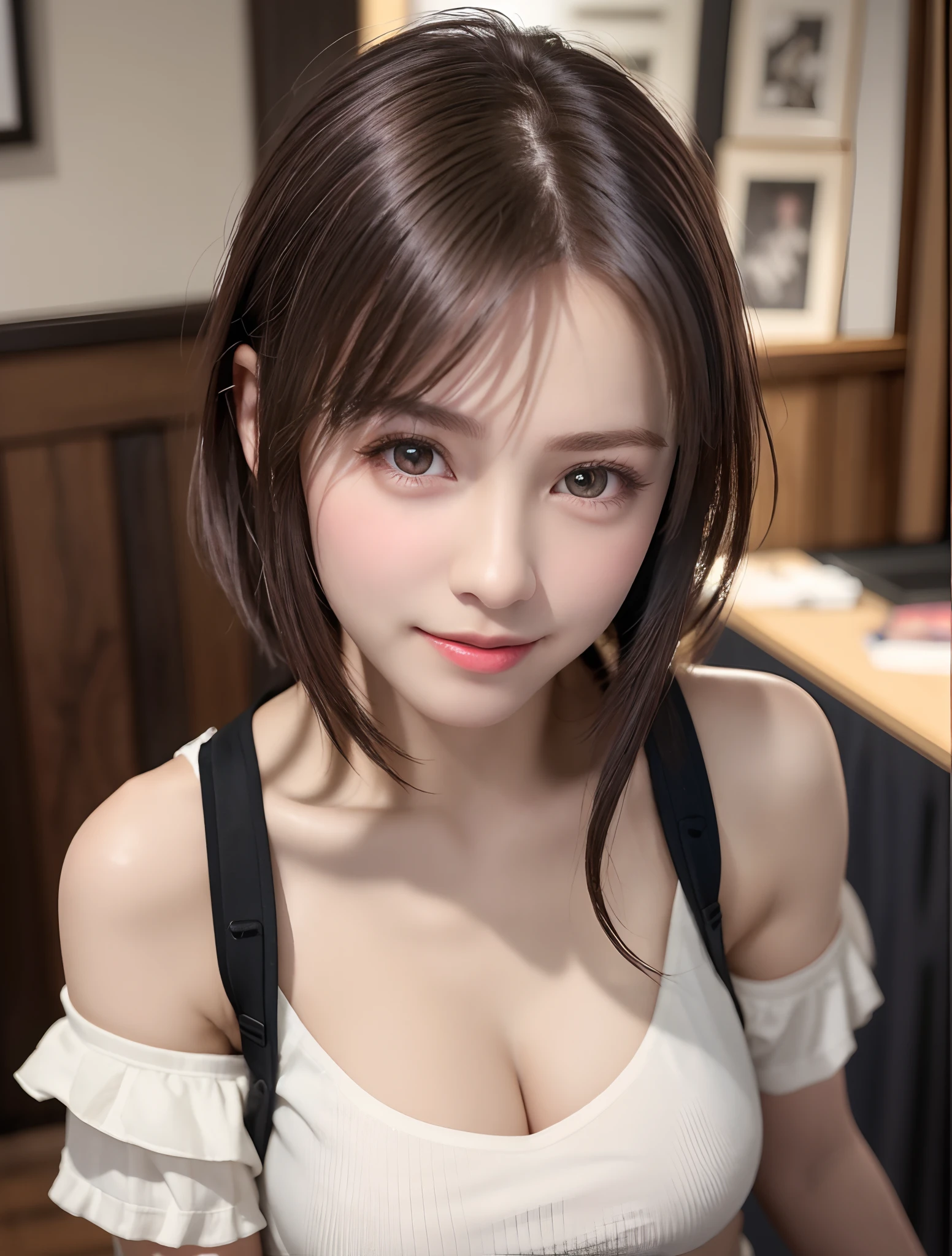 Best Quality, Ultra High Resolution, (Photorealistic: 1.4), Beautiful Eyes, Super Beautiful, Very Short Hair, Beautiful, Sweetheart, T-shirt with Rough Chest, Beautiful Soldier, Eyes That Invite Viewer, Lover's Perspective, Inviting Expression, Sexy Smile, Perfect Style, Perfect Balance, Detailed Skin, Naughty Gaze, Chest Visible