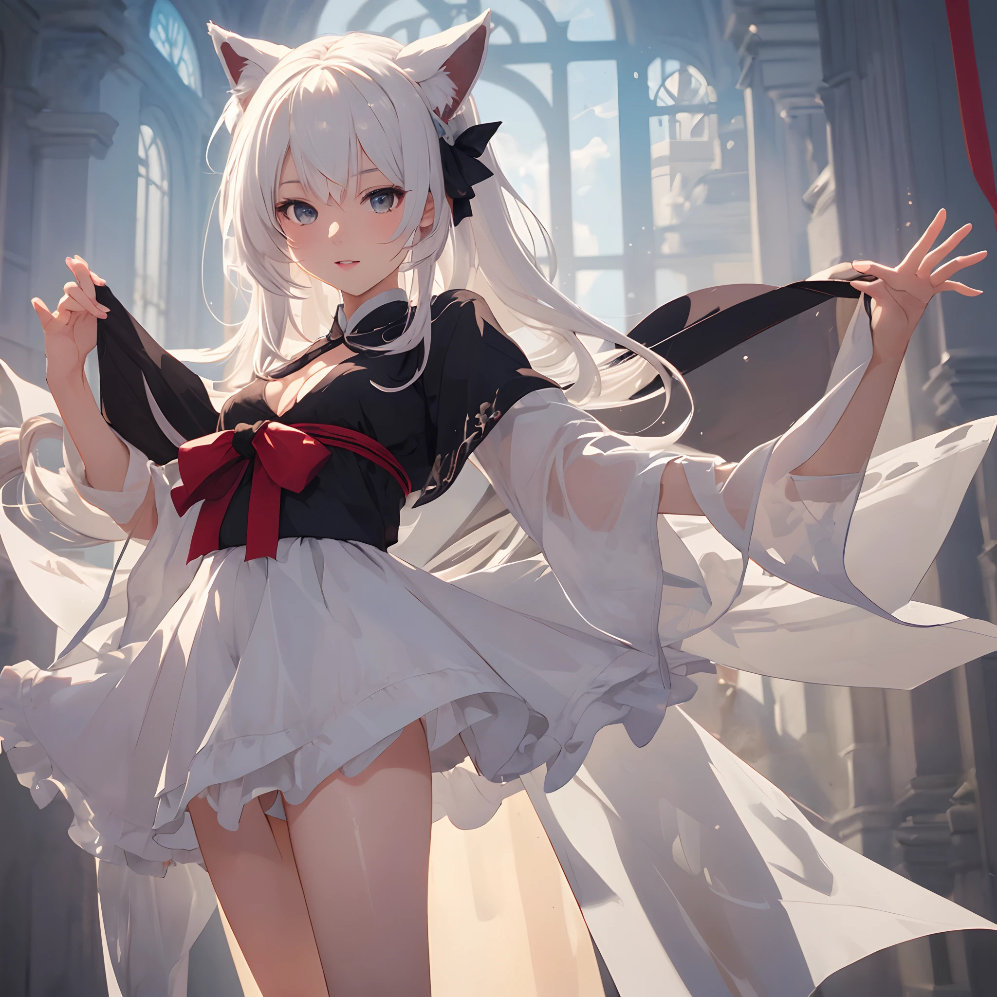 ((masterpiece、top-quality)), 1 rapariga, 独奏,2D beautiful girl, In the style of hololive,white hair, length hair, dog ears, Dog tail, blanche, Miko costume, Fantasy style background, looking at the viewers,facing front, full bodyesbian,( ( Correct number of limbs))