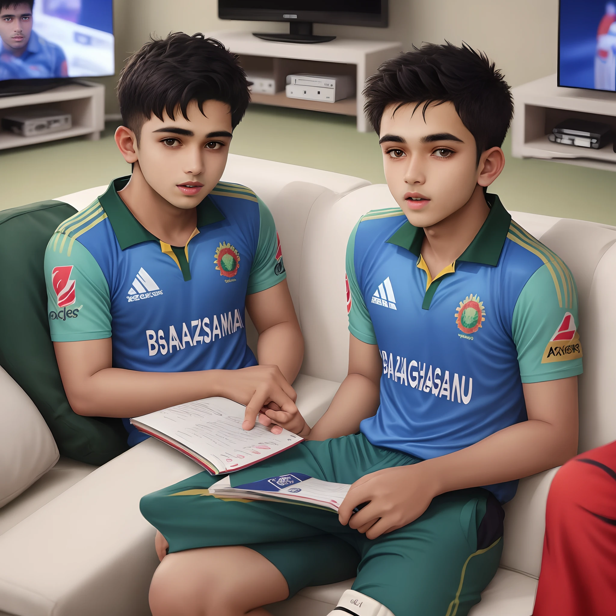 A 20 Years old boy is watching bangladesh Cricket match on TV. The boy's name is razu and jersey number 08 is written on the jesrey