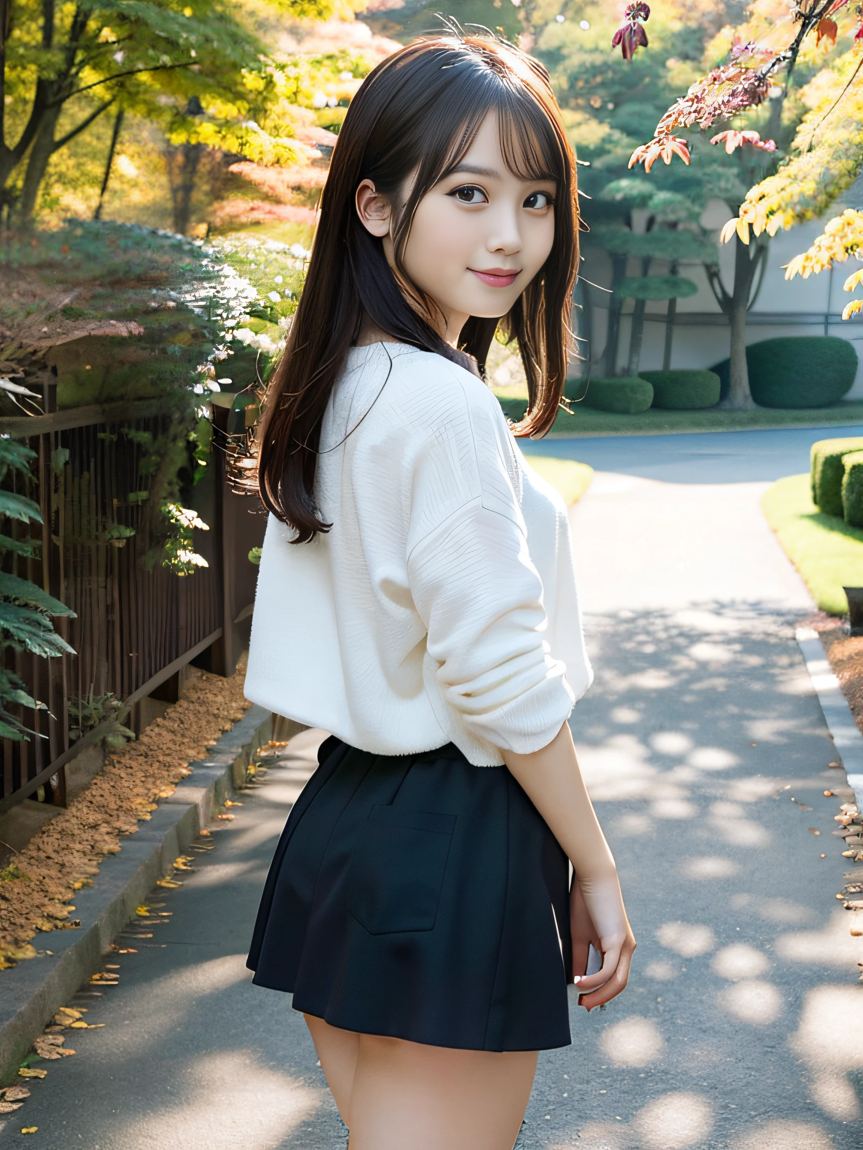 in 8K,Best Quality:1.4, 超A high resolution:1.5, (Photorealistic:1.4),masterpiece:1.2,(top-quality:1.4)、 Raw photo、Japan girls in casual clothes、looking at the viewers、Hi-Res、The ultra-detailliert、natural skin textures:1.3, realistic eyes and face details:1.7、nogizaka, cute face、30-years old:1.2、thighs thighs thighs thighs、beauty legs、Textured skin:1.2 、 (Shy smile:1.2)、Medium chest、Black eyes with beautiful details、(Casual clothing:1.2)、FULL BODYSHOT、Colored leaves、a miniskirt:1.2、is standing、autumnal、(Park on the hill)、beautful view、backshots