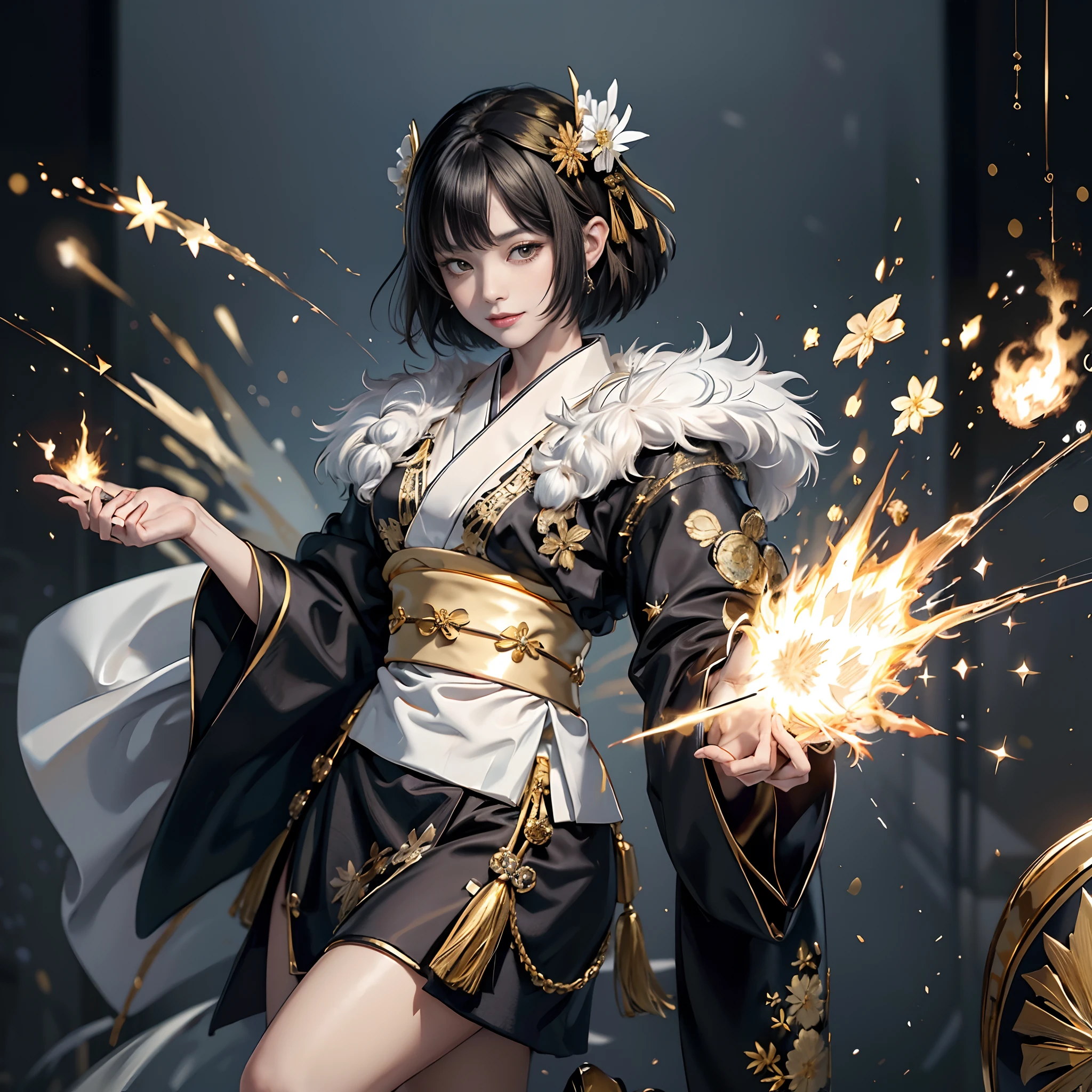 (rokoko:1.5),Background of details(Exploding Cities),BREAK ,elaborate costume(Luxury kimono(Black kimono(detailed embroidery(blanche,golds)))),BREAK,(1 Beautiful and classy adult woman(Shy smile:1.2)(Japanese actressl:1.2)(A dark-haired(short-hair:1.2))),(eye glass(four corners:1.2)),(It's firing magic:1.5),BREAK,Wallpapers 16K,Blur the background,)(masutepiece,Best Quality,Portrait photos):1.5),full body Esbian
