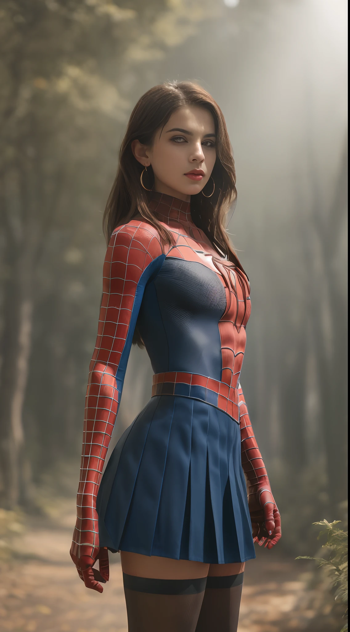 ((Pre-teen)), beautiful girl, model body, big blue eyes, small breasts, long legs, medium hoop earrings, spiderman uniform, tiny pleated skirt, ((adult size 20 black tights)), low angle shot, very white skin, long hair, wavy hair, blonde hair, school in the forest, classroom, photorealistic, indirect lighting, volumetric light, specular light, ray tracing, hyper-detailed, best quality, ultra-high resolution , HDR, 8k, soft focus, fog