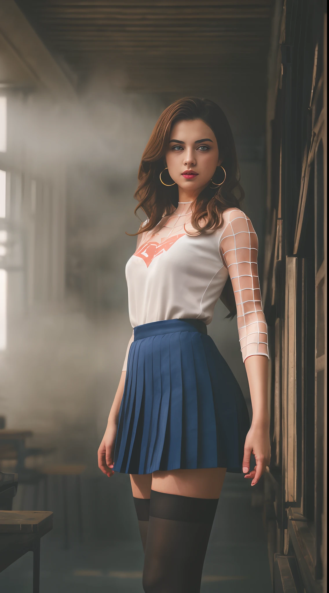 ((Pre-teen)), beautiful girl, model body, big blue eyes, small breasts, long legs, medium hoop earrings, spiderman uniform, tiny pleated skirt, ((adult size 20 black tights)), low angle shot, very white skin, long hair, wavy hair, blonde hair, school in the forest, classroom, photorealistic, indirect lighting, volumetric light, specular light, ray tracing, hyper-detailed, best quality, ultra-high resolution , HDR, 8k, soft focus, fog