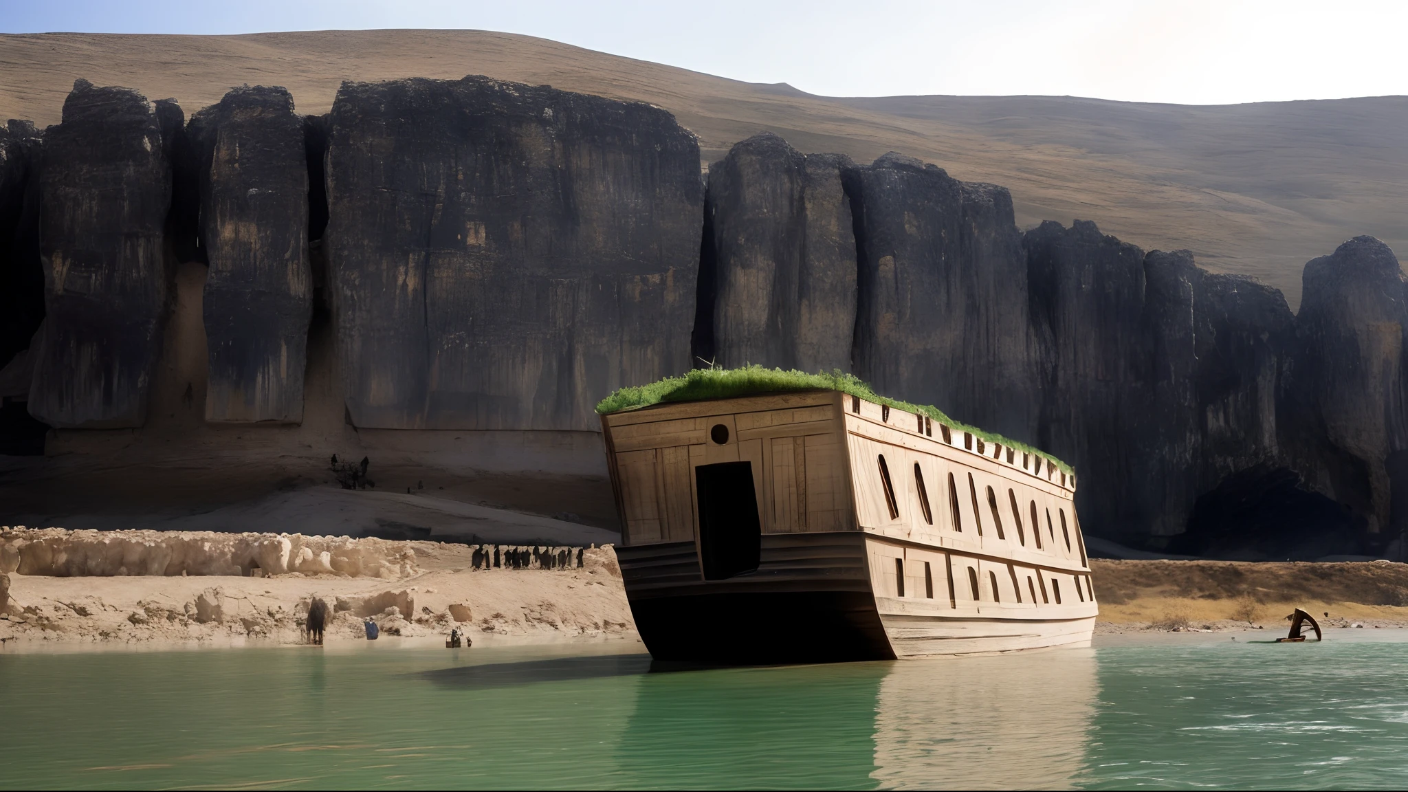 Cinematic. Highly Detailed. Biblical Scene., Old Testament. I have seen Noah's ark floating on the waters. Noah's Ark is made of wood. Wooden Ark, large. The ark stopped on a high mountain in eastern Syria. In the background there is an isolated and very rocky mountain. I see that earth is already appearing