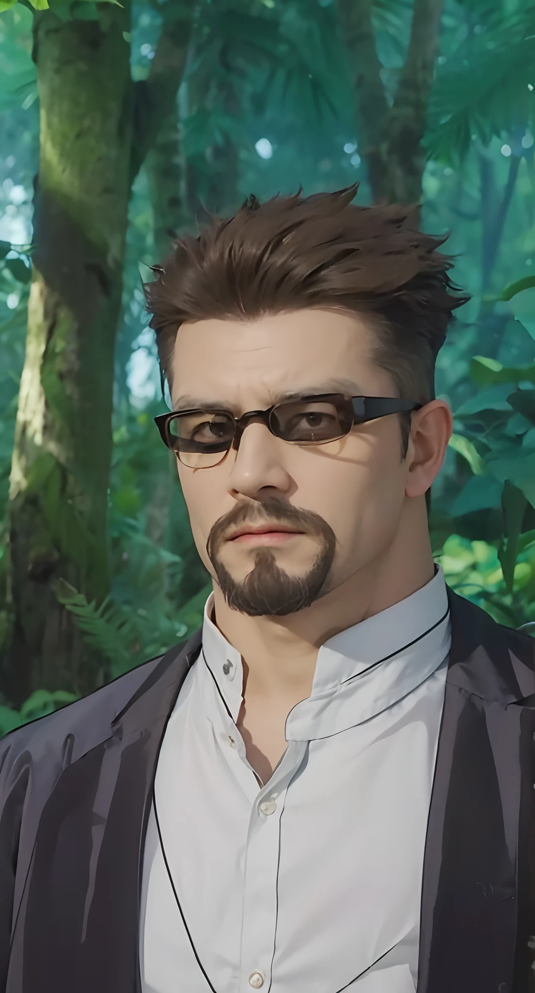 Real life adaption of this character,old man face, realistic Same beard,realistic same brown hair ,realistic jungle with many grass background, hyper realistic, realistic light, realistic shadow, realism,(photorealistic:1.2), realistic same outfit, realistic same glasses, African brown skin