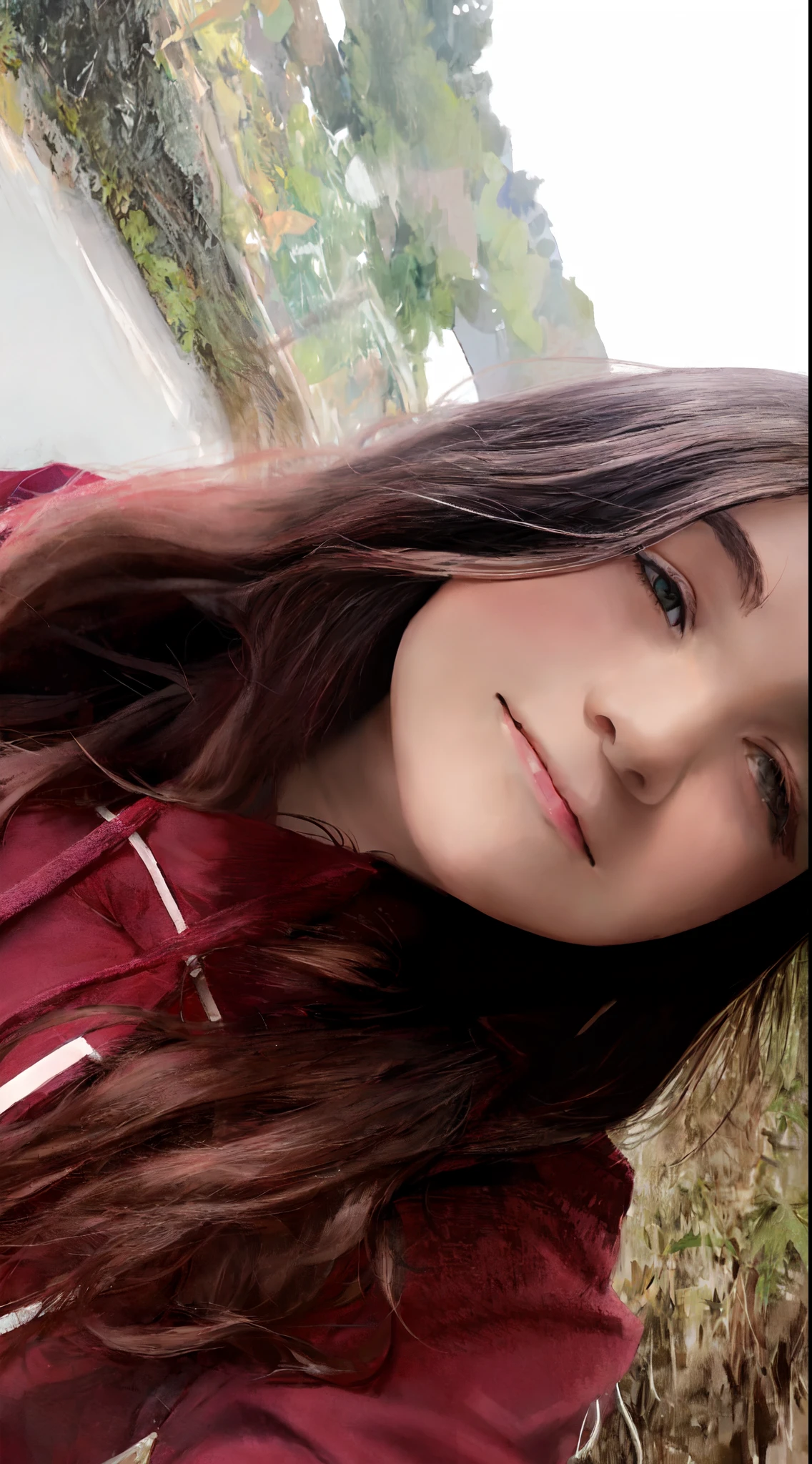 arafed woman with long brown hair and a red shirt, 18 years old, 1 6 years old, she is about 1 6 years old, profile image, profile pic, taken in the early 2020s, profile shot, 1 8 yo, slightly smiling, very very low quality picture, profile photo, 19-year-old girl