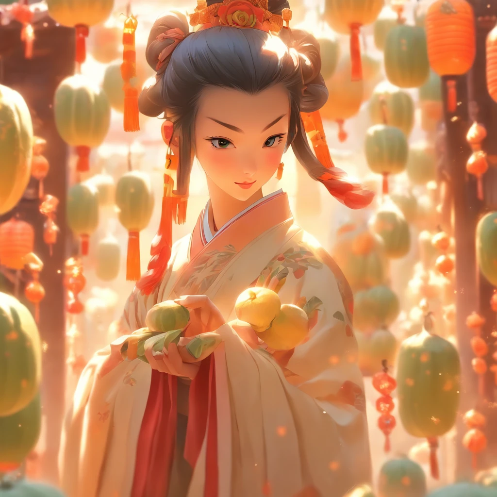 China-style,Tang dynasty teenager,modern day,Cute and cute,Take a bunch of sugar gourds,eery,The lively streets of Chang'an,Full body like,Detailed and accurate,depth of fields,8K,A high resolution,tmasterpiece,Beautiful wallpapers,high qulity,high detal,s the perfect face,offcial art,blur backgroun,
