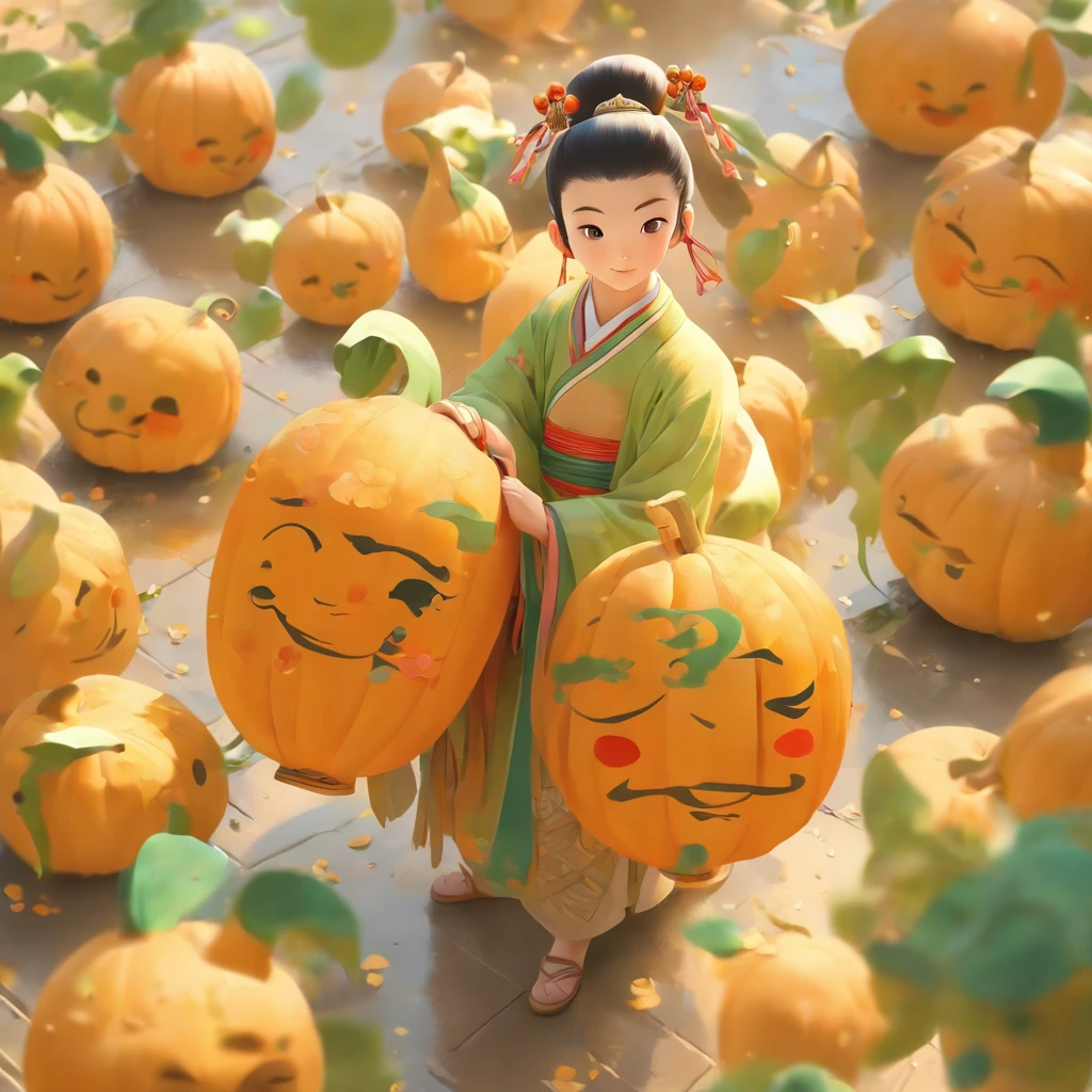 China-style，Tang dynasty teenager，modern day，Cute and cute，Take a bunch of sugar gourds，eery，The lively streets of Chang'an，Full body like，Detailed and accurate，depth of fields，8K,A high resolution,tmasterpiece,Beautiful wallpapers,high qulity,high detal,s the perfect face,offcial art,blur backgroun,