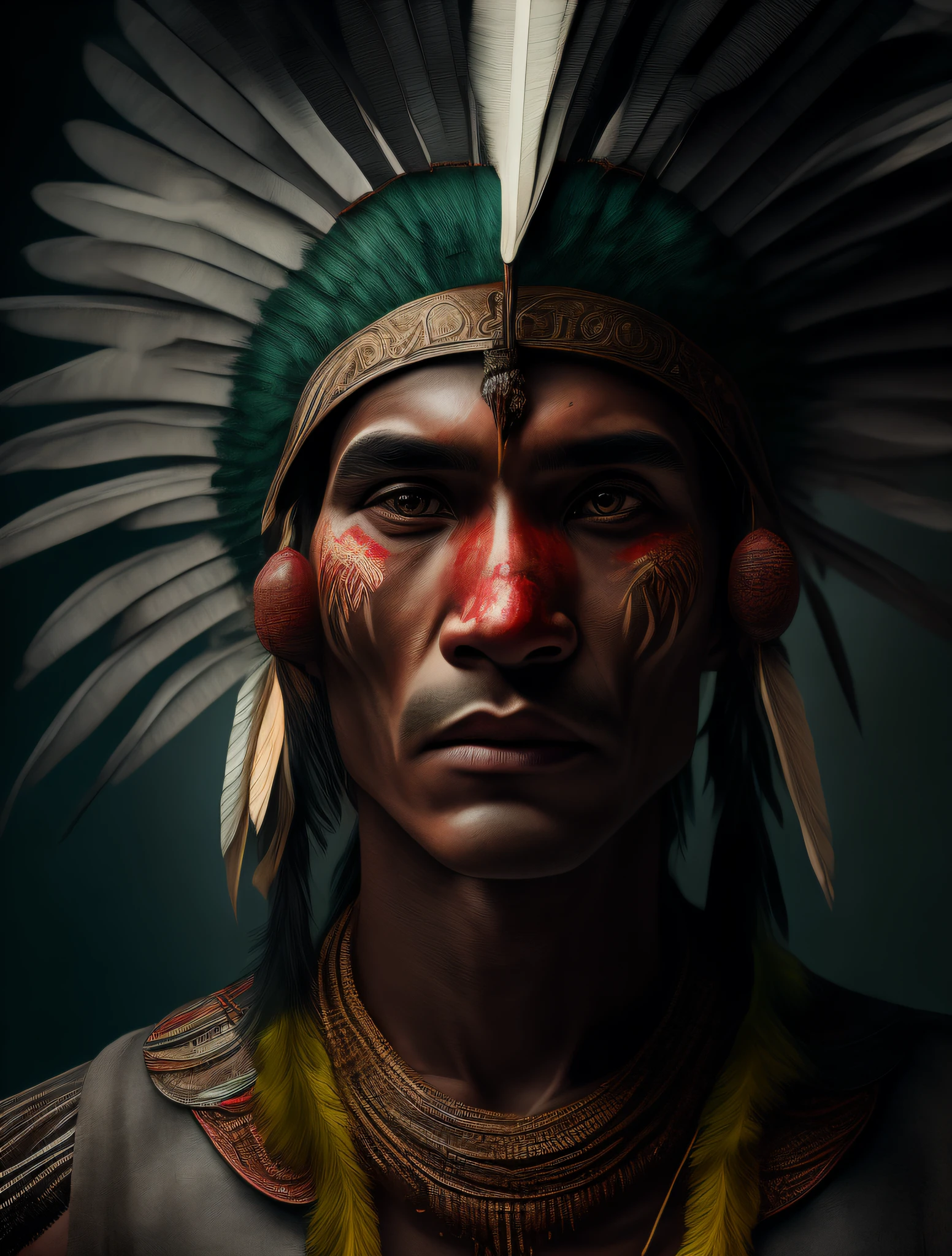 Imagem 3x4, imagem frontal,Straight to a camera,Hyperrealistic cinematic front shot of a native Indian with green feathers, white and red on the head, Arte nativa (((Brasileira))), INDIAN, nativo brasileiro, Guerreiro nativo brasileiro, Arte nativa, Um guerreiro nativo brasileiro, indigenous man, eagle feather, guerreiro habilidoso,,warrior spirit, BRAZILIAN INDIGENOUS HEADDRESS, indigenous art, : Fantasia de nativo brasileiro, Indigenous, Arte popular nativa brasileira, INDIC Art PhotographyArrealist, fotografia, obra-prima, realista, Realismo, renderizado, Alto contraste, digital art photographyrealistic trend in Artstation 8k HD high definition detailed realistic, detalhada, textura da pele, hiper detalhada, textura de pele realista, melhor qualidade, ultra high-resolution, (fotografiarrealista: 1.4), alta resolução, detalhada, Calado bruto, sharp re, por lee jeffries Nikon D850 Filme Fotografia de Stock 4 Kodak Portra 400 Lente F1.6 cores ricas, Realistic texture, Dramatic texture, dramatic lighting, UnrealEngine