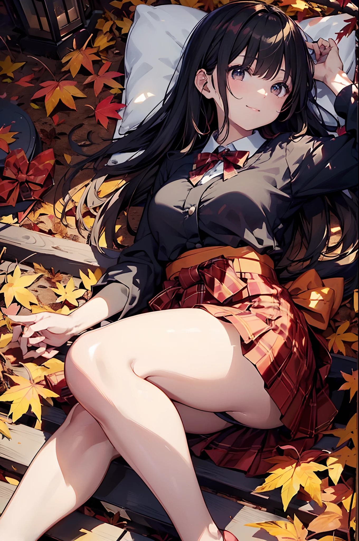 (Official art、Best Quality、Unity 8k Wallpapers、32K、masterpiece、ultra-detailliert、超A high resolution、realisitic、Photorealsitic:1.2)、(Cinematic lighting:1.2)、Fireglow effect、film grains、Best Shadows、Rim lighting、side lights、(Ultra-detailed and complex 3D rendering)、Sharp pupils、Realistic pupils、cowboy shot, Highly detailed background、beauitful face、blurry backround、a beauty girl、(super detailed skin、detailed skin textures:1.3)、Close-up of a statue in a field of red leaves, covered with fallen leaves, Red leaves on the ground, Autumn garden, Beautiful Autumn Spirits, covered with leaves, aomori japan, Cute, in autumn, red leaves, in japanese garden, in autumn, during autumn, autum, traditional japanese colors, japan nature、(From above、Lie down:1.3)、(outside of house、thighs thighs thighs thighs)、blazers、The shirt、Plaid bow tie、Plaid pleated mini skirt、 beautiful girl、Beautiful black hair、Blunt bangs、eyes are brown、Embarrassing、looking happy smile、