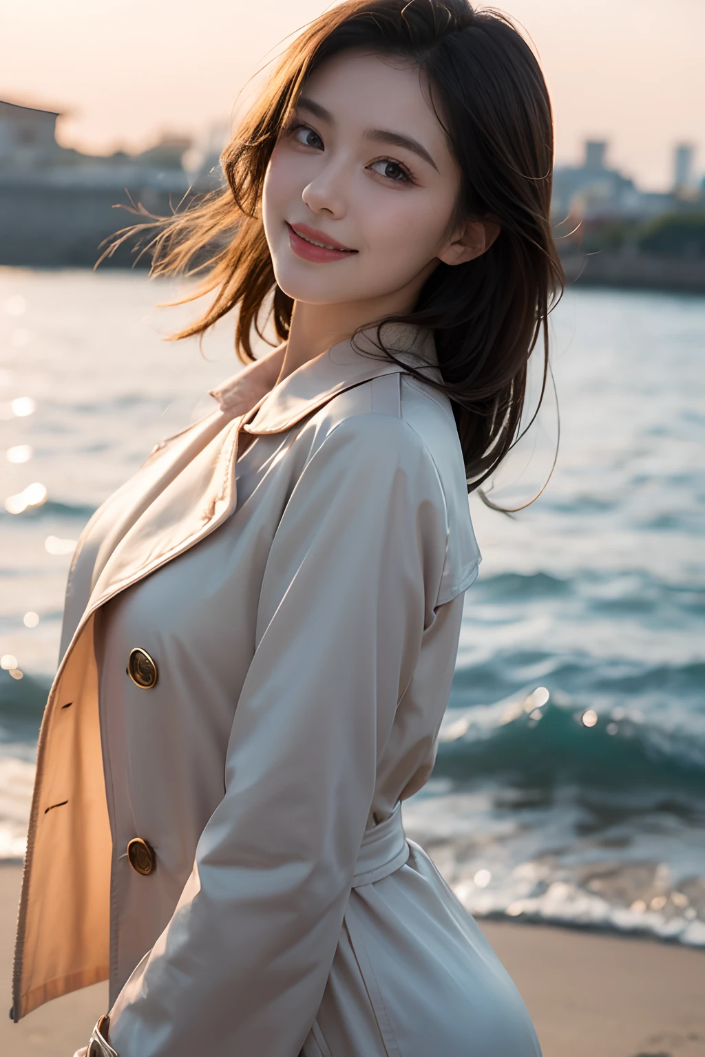 Smiling, (Best quality details:1.2),8K high definition,Ultra detailed,High quality texture,Intricate details,Detailed texture,finely detailed,High detail,Extremely detailed CG,Highqualityshadow,Detailed beautiful delicate face,(Detailed beautiful delicate eyes:1.32),Depth of field,Ray tracing,(A beautiful 25 year old lovely classical Russian lady:1),Glow eyes,Blush, Perfect body,brown hair,Dance,Free dance,spin dance,Black trench coat set,Elegant shirt, Sunlight,Sea sky background,The sea breeze blows,The world is vast