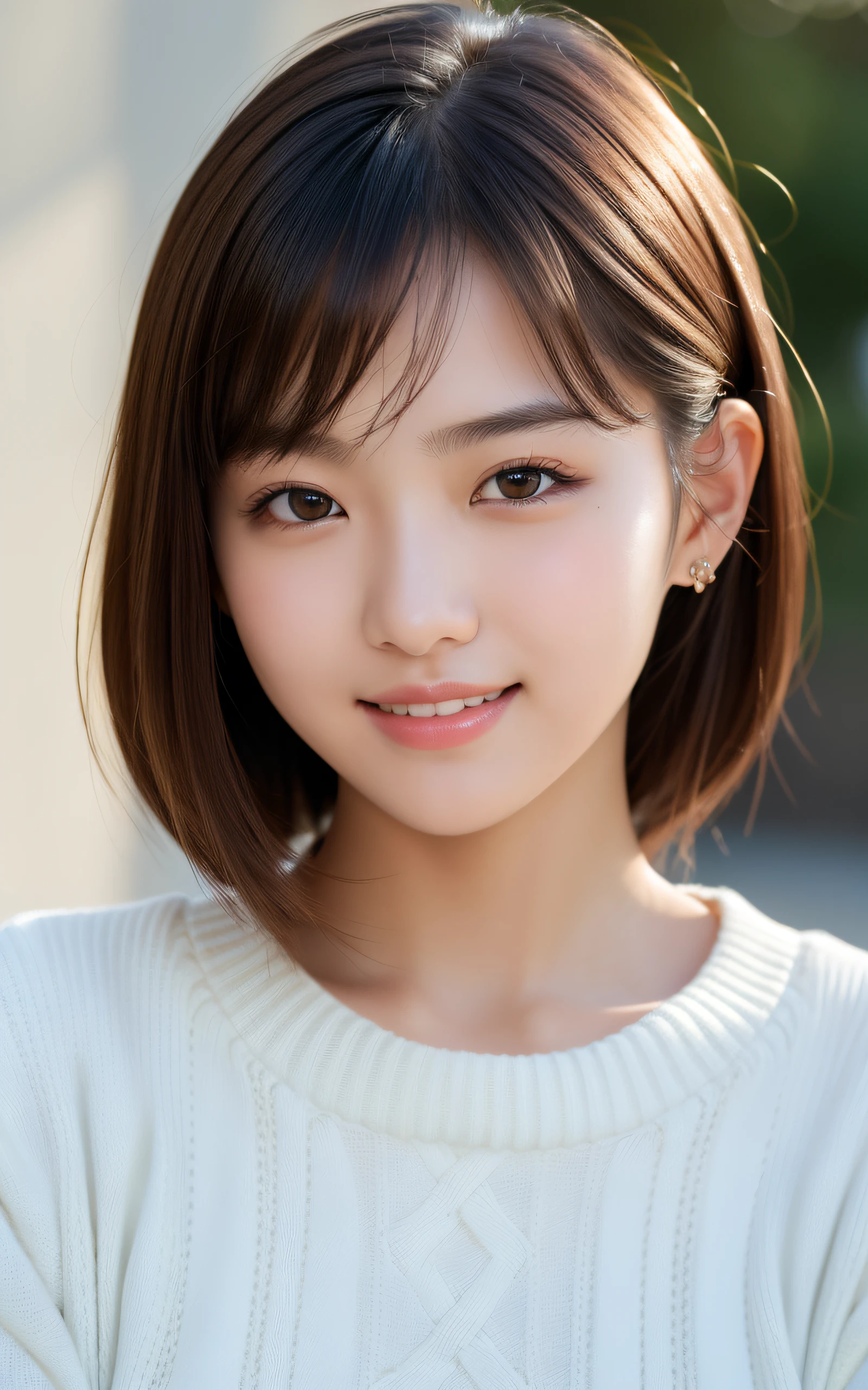 (Photo Real:1.4), (hyper realisitic:1.4), (Smooth lighting:1.05), 1 girl, neat and clean beauty, (sad:1.4), Close-up of the face, 22 years old, Soft lighting, Back lighting, (cheerfulness:1.2),  (Finest Real Textured Skins), Narrow-eyed, Super fine face, Gravure Idol Pose, glowy skin, retinas, Anatomically correct, acurate, Super Detail, Textured skin, High quality, high details, Best Quality, High resolution, bangs, sweater